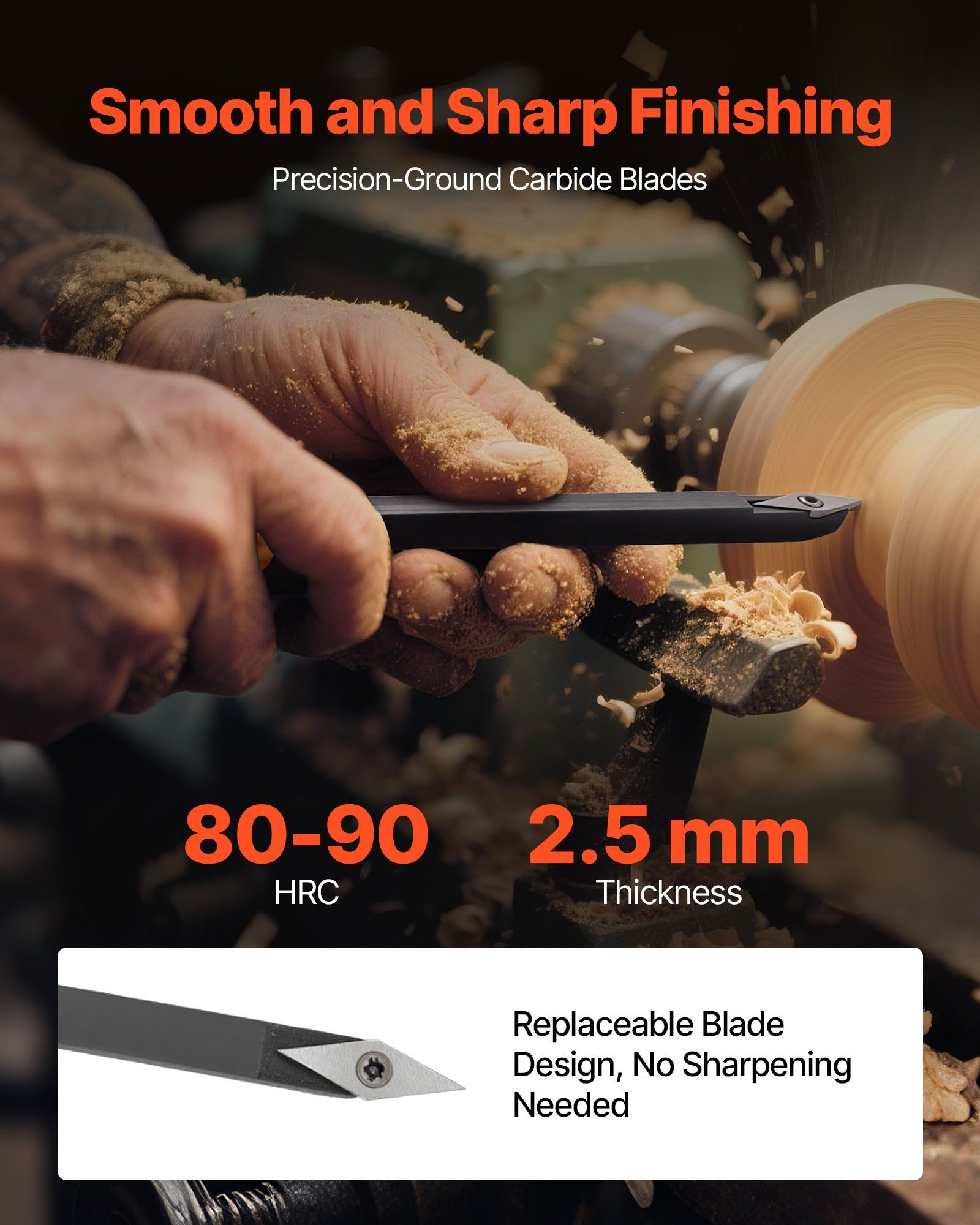 Wood Lathe Turning Tool Set, 4PCS, Lathe Roughing Finishing and Detailing Hollow Tool with Wooden Handle, Diamond Round Square Carbide Inserts, Wooden Box, for Beginners Hobbyists Professionals