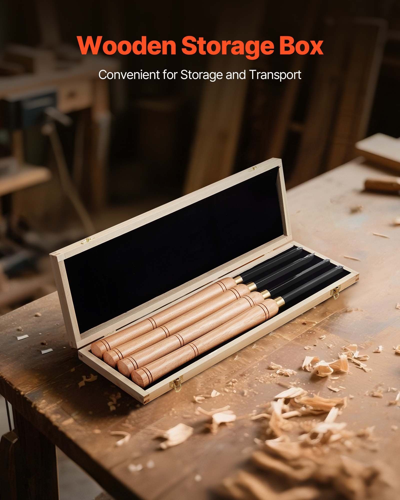 Wood Lathe Turning Tool Set, 4PCS, Lathe Roughing Finishing and Detailing Hollow Tool with Wooden Handle, Diamond Round Square Carbide Inserts, Wooden Box, for Beginners Hobbyists Professionals