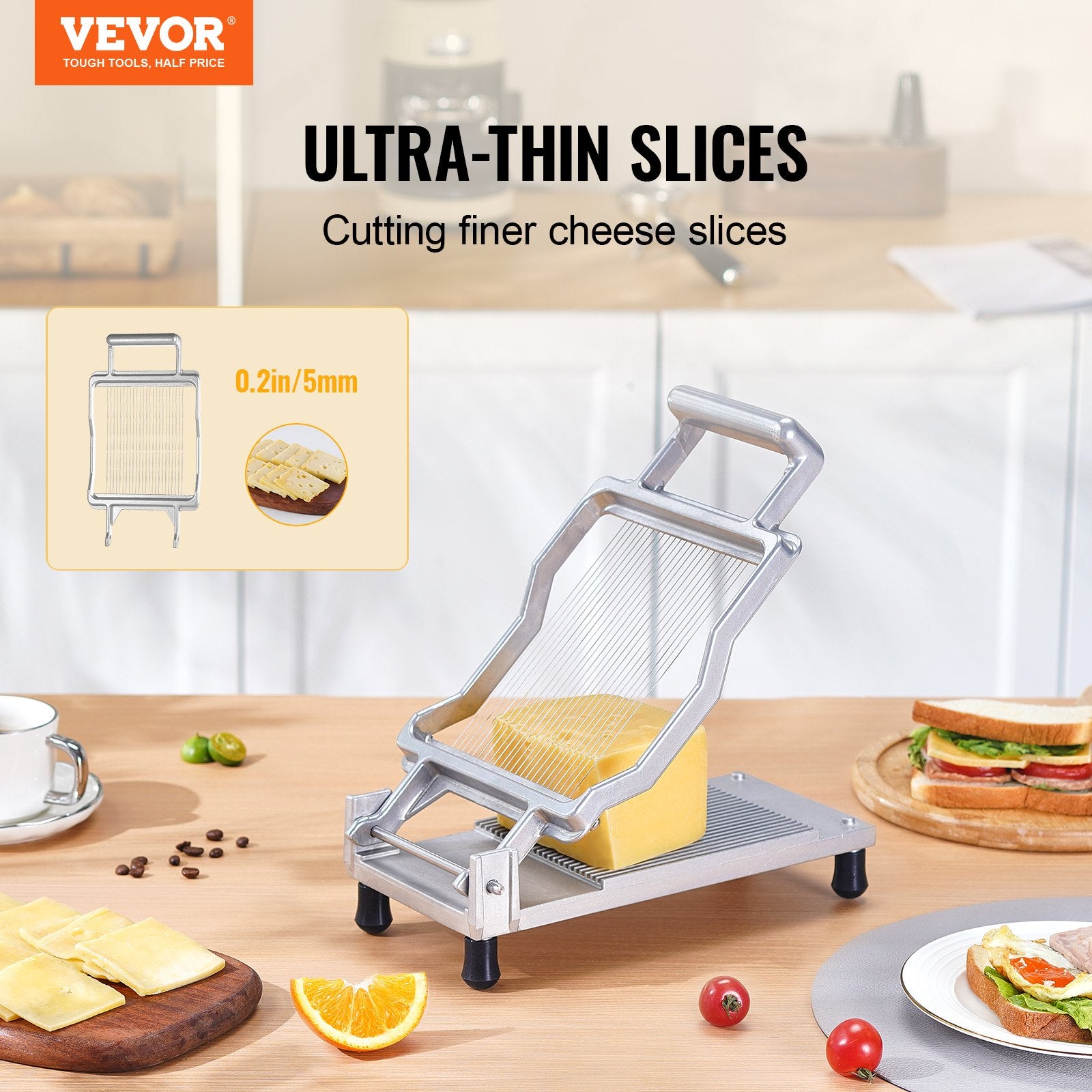 VEVOR Cheese Cutter with Wire, 0.2" Ultra-Thin Cheeser Butter Cutting Blade, Detachable Cheese Slicer Wire, Aluminum Alloy Commercial Cheese Slicer with 316 Stainless Steel Knife Wire, Kitchen Cooking