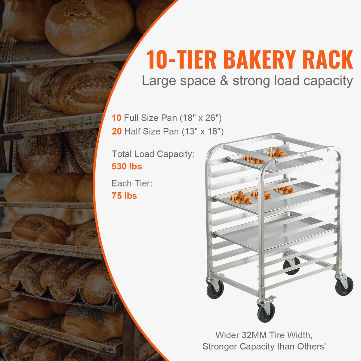 VEVOR Bun Pan Rack, 10-Tier Commercial Bakery Racks with Brake Wheels, Aluminum Racking Trolley Storage for Half & Full Sheet, Speed Rack For Kitchen Home, Bread Baking Equipment, 660x515x985 mm