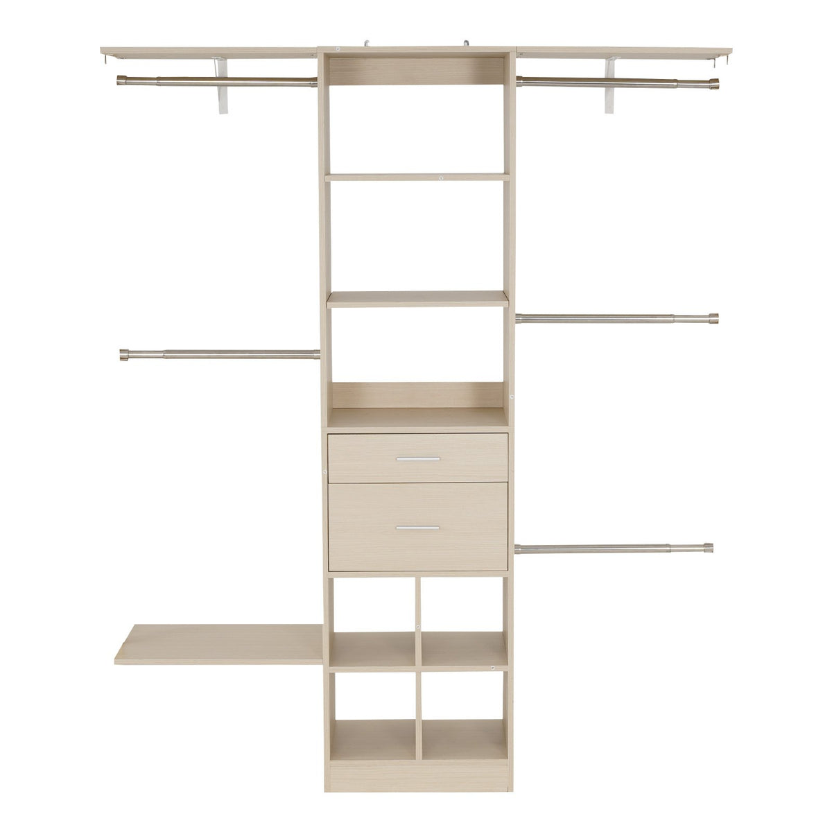 VEVOR Closet System with 2 Drawers, Adjustable Height Wooden Closet Organizers, Modern Walk-in Wardrobe Organization with 5 Retractable Clothes Hanger Rods, Freestanding Garment Rack Storage, Grey