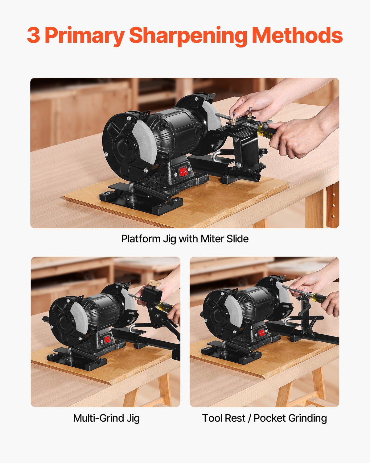 Pro Grind Sharpening System, Multi-Grind Sharpening Jig for 152mm & 203mm Bench Grinder - with Platform Jig, Tool Rest Bar, Setup Block, Miter Slide, Micro Bevel Block, for Woodturning Tools