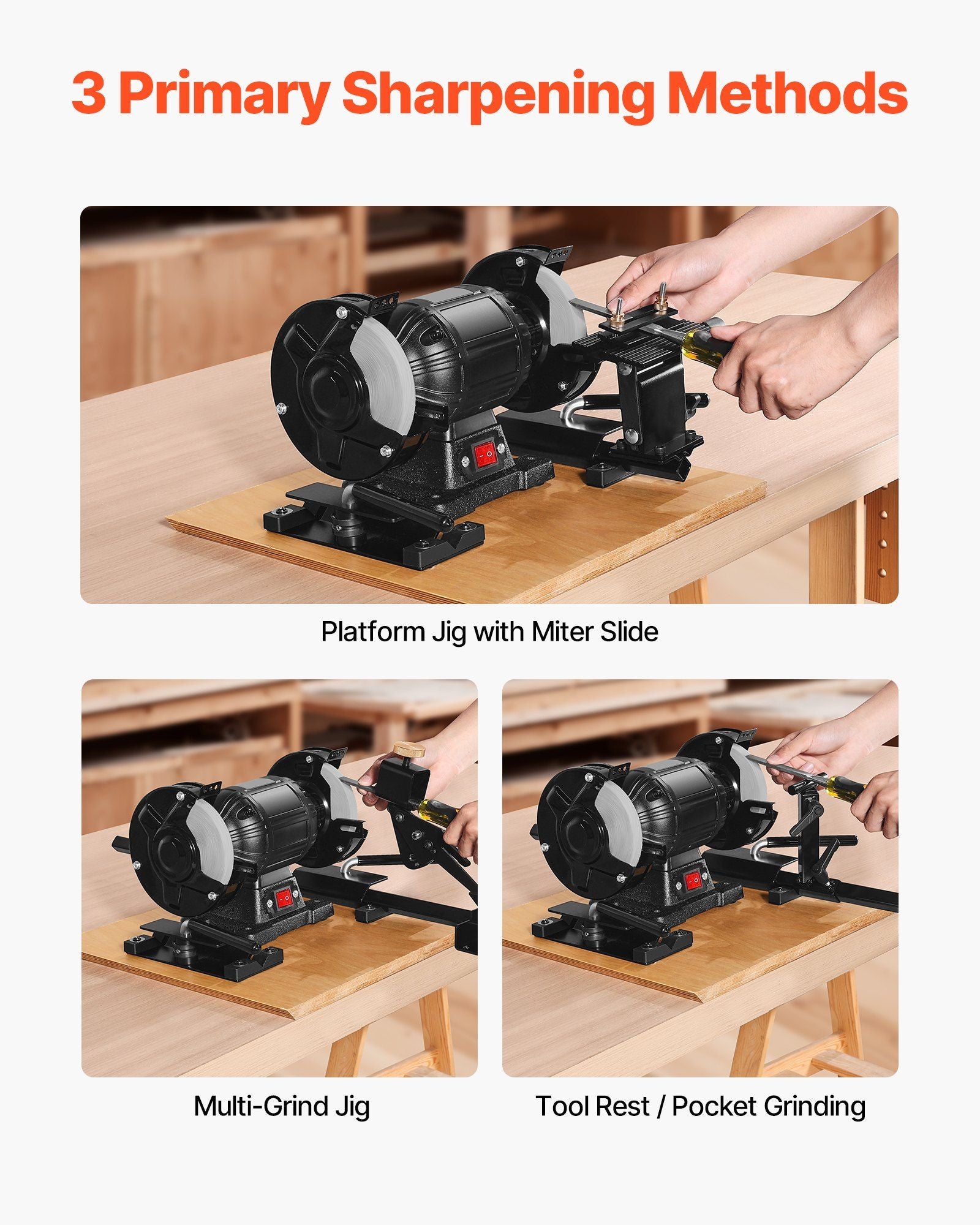 Pro Grind Sharpening System, Multi-Grind Sharpening Jig for 152mm & 203mm Bench Grinder - with Platform Jig, Tool Rest Bar, Setup Block, Miter Slide, Micro Bevel Block, for Woodturning Tools