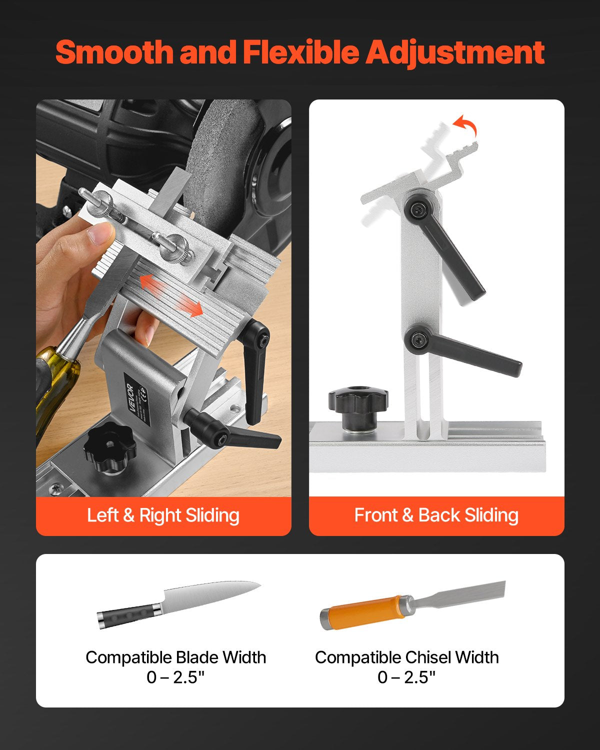 VEVOR Sharpening Tool Rest Jig, Adjustable Replacement Tool Rest Sharpening Jig for 6" or 8" (152 mm or 203 mm) Bench Grinders – with Flat Miter Slide for 0–2.5 inch (0–64 mm) Wide Blades and Chisels