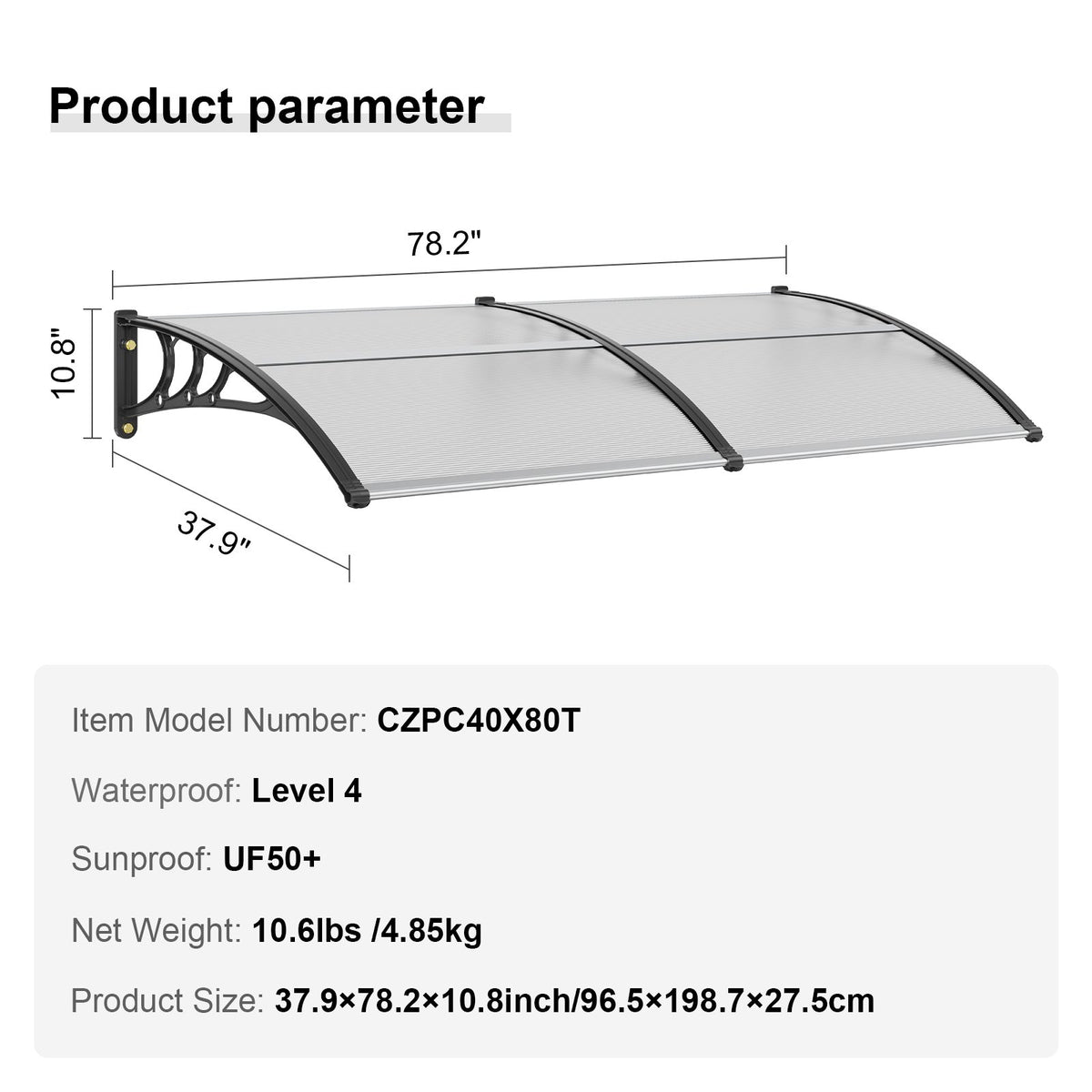VEVOR Window Door Awning Canopy 965 x 1987 mm, UPF 50+ Polycarbonate Entry Door Outdoor Window Awning Exterior, Front Door Overhang Awning for Sun Shutter, UV, Rain, Snow Protection, Hollow Sheet