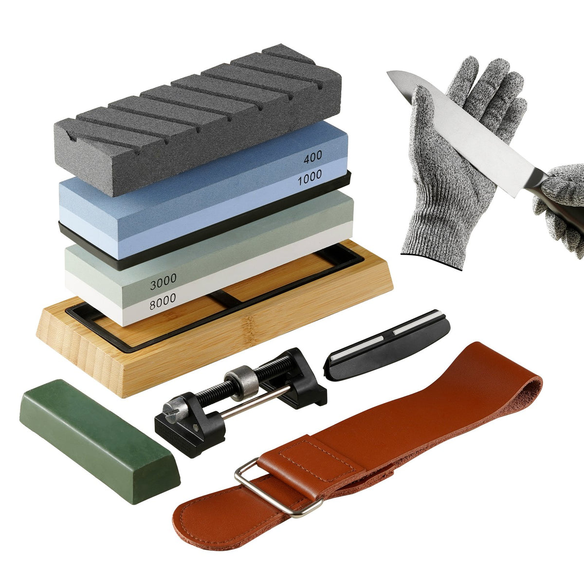 VEVOR Whetstone Knife Sharpening Kit, 2 Dual-Sided Grit Whetstones 400/1000 3000/8000, 10PCS Knife Sharpener Kit with 3 Non-Slip Bases, Angle &amp; Honing Guide, Flattening Stone for All Knives, Scissors