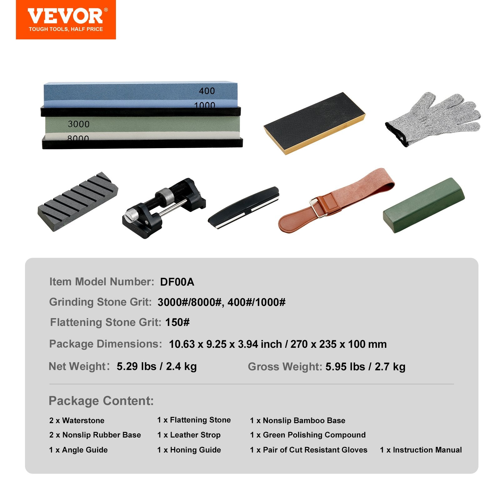 VEVOR Whetstone Knife Sharpening Kit, 2 Dual-Sided Grit Whetstones 400/1000 3000/8000, 10PCS Knife Sharpener Kit with 3 Non-Slip Bases, Angle & Honing Guide, Flattening Stone for All Knives, Scissors