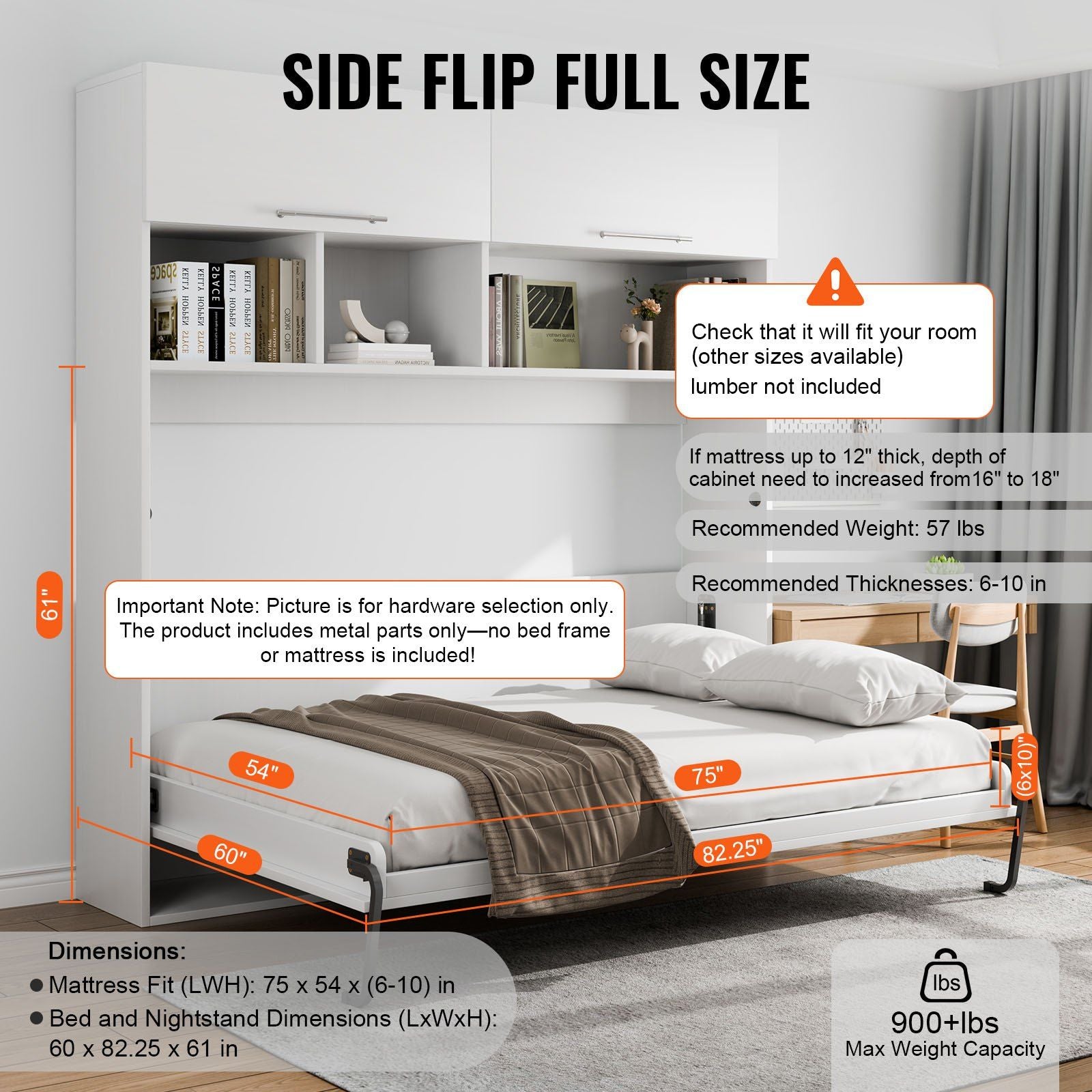 Murphy Bed Kit, Queen Size, Deluxe DIY Wall Bed Mechanical Hardware Kit, Pneumatic Lever Heavy Duty Bed Frame Support, Folding Cabinet Wall Bed Space Saving Design for Guestroom, Easy to Build