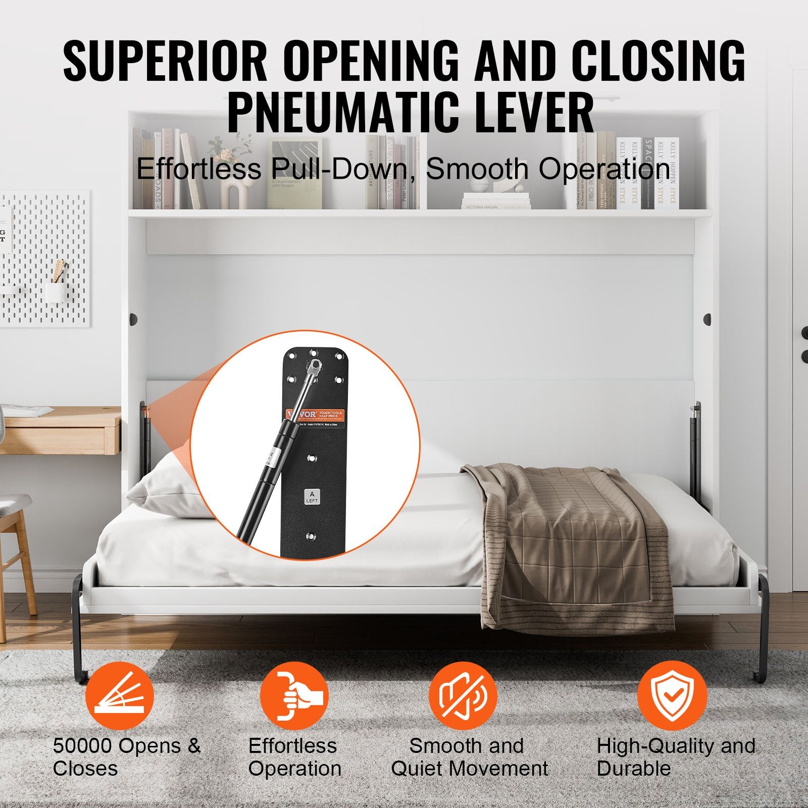VEVOR Murphy Bed Kit, Full Size, Deluxe DIY Wall Bed Mechanical Hardware Kit, Pneumatic Lever Heavy Duty Bed Frame Support, Folding Cabinet Wall Bed Space Saving Design for Guestroom, Easy to Build