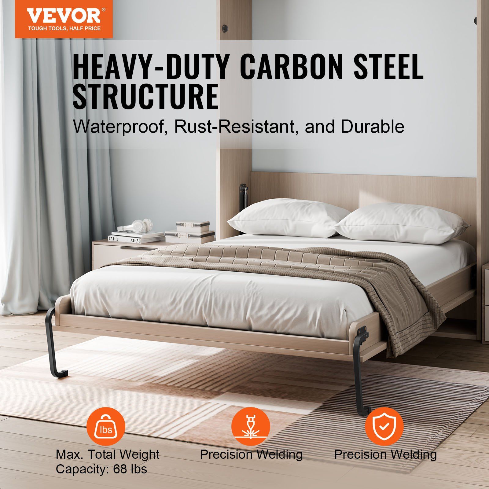 Murphy Bed Kit, Queen Size, Vertical Deluxe DIY Wall Bed Mechanical Hardware Kit, Pneumatic Lever Heavy Duty Bed Frame Support, Folding Cabinet Wall Bed Space Saving Design for Guestroom