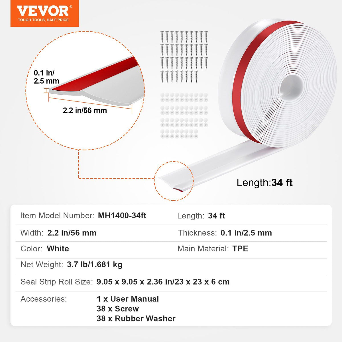 Garage Door Seal Top and Sides Seal Strip, 34 FT Universal Weather Stripping Replacement Soft and Hard Composite, Weatherproofing Garage Door TPE Seals with Adhesive Backed and Screws, White