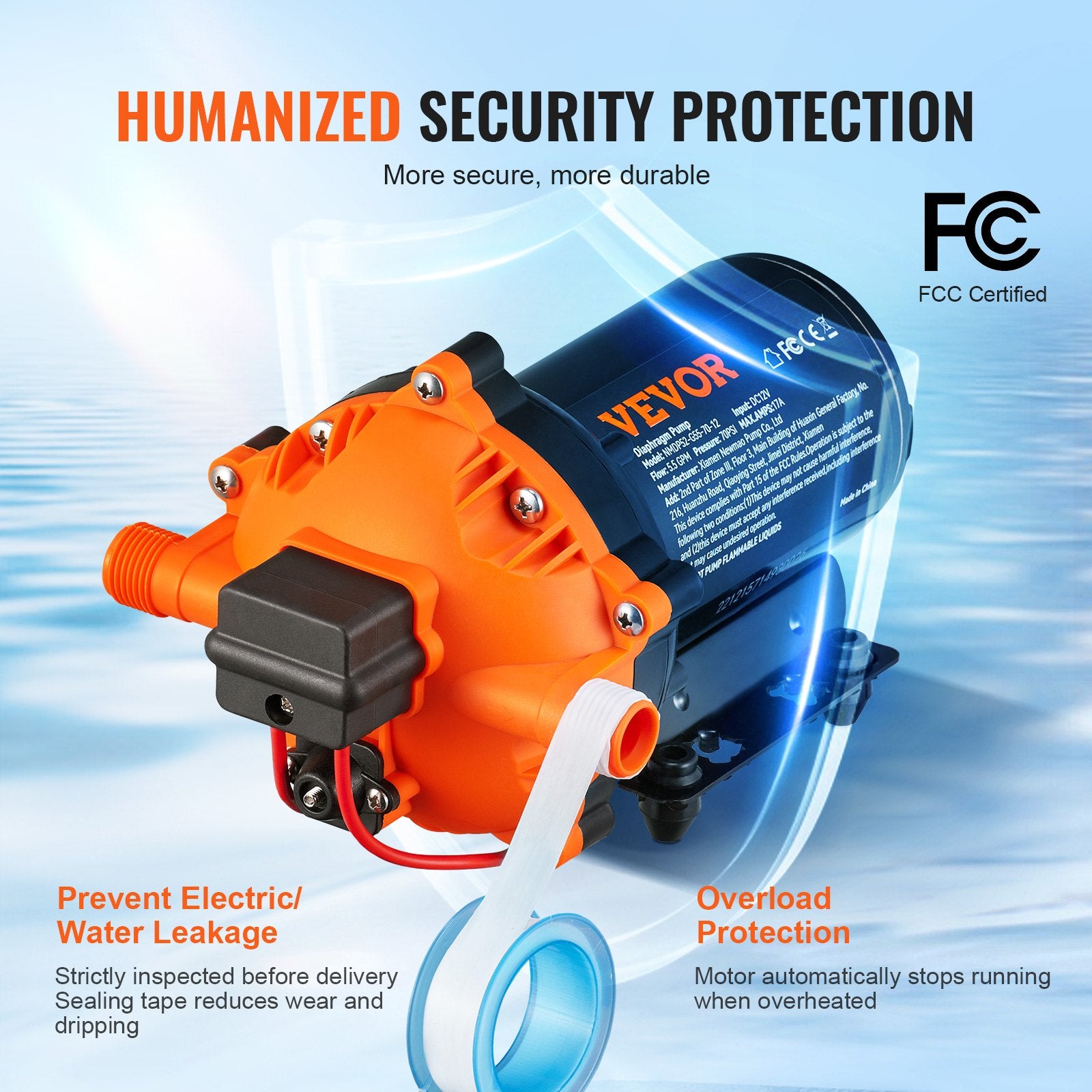 VEVOR Water Diaphragm Pump, 20.8 LPM Flow, 4.8 bar Rated Pressure (2.8-6.9 bar Adjustable), 12.7 mm MNPT Self Priming Sprayer Pump with Pressure Switch for RV Camper Marine Boat Lawn, FCC Certified