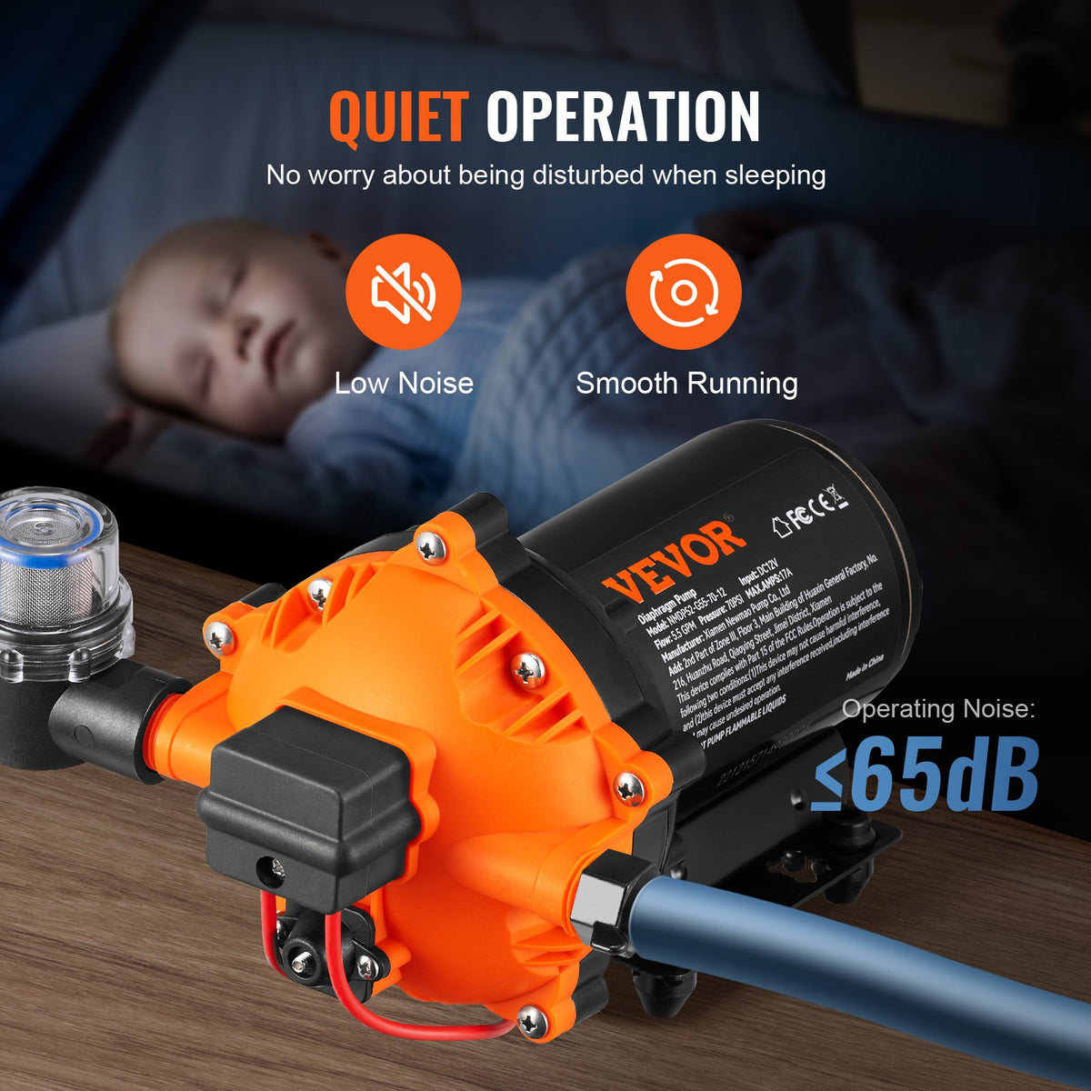 VEVOR Water Diaphragm Pump, 20.8 LPM Flow, 4.8 bar Rated Pressure (2.8-6.9 bar Adjustable), 12.7 mm MNPT Self Priming Sprayer Pump with Pressure Switch for RV Camper Marine Boat Lawn, FCC Certified