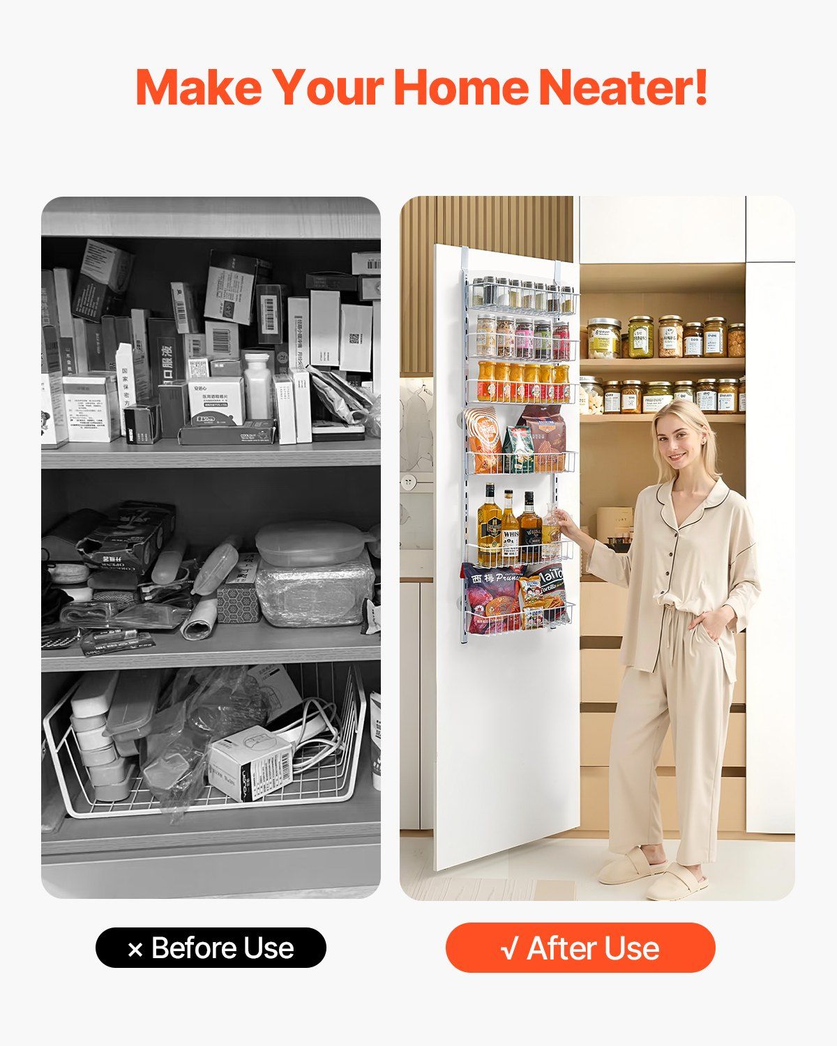Over the Door Pantry Organizer, 6-Tier Pantry Organization and Storage, Heavy-Duty Steel Hanging Spice Rack, Adjustable Wall Seasoning Shelves, for Home Kitchen Laundry Room Bathroom, White