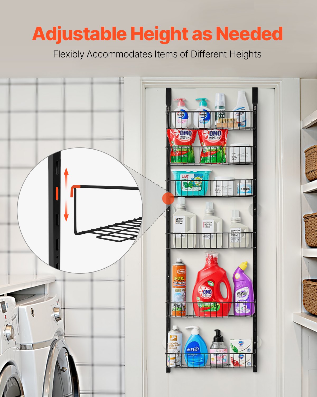VEVOR Over the Door Pantry Organizer, 6-Tier Pantry Organization and Storage, Heavy-Duty Steel Hanging Spice Rack, Adjustable Wall Seasoning Shelves, for Home Kitchen Laundry Room Bathroom, Black