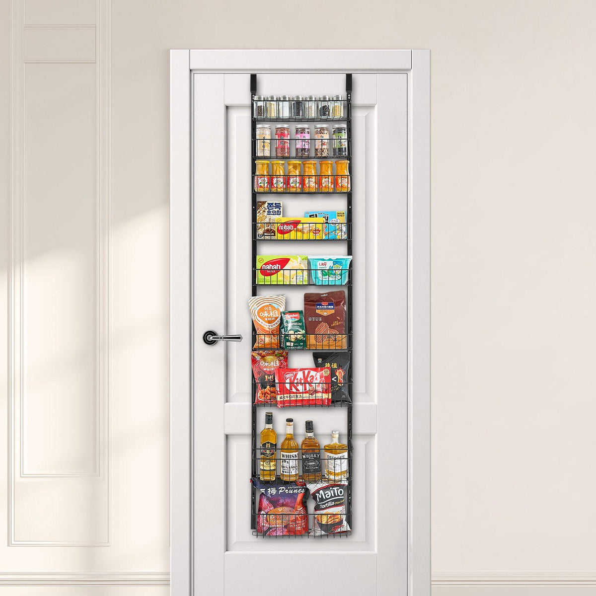 Over the Door Pantry Organizer, 9-Tier Pantry Organization and Storage, Heavy-Duty Steel Hanging Spice Rack, Adjustable Wall Seasoning Shelves, for Home Kitchen Laundry Room Bathroom, Black