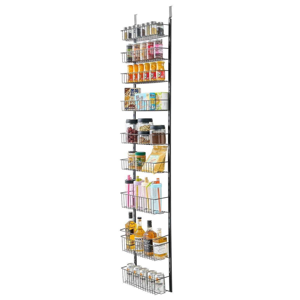 Over the Door Pantry Organizer, 9-Tier Pantry Organization and Storage, Heavy-Duty Steel Hanging Spice Rack, Adjustable Wall Seasoning Shelves, for Home Kitchen Laundry Room Bathroom, Black