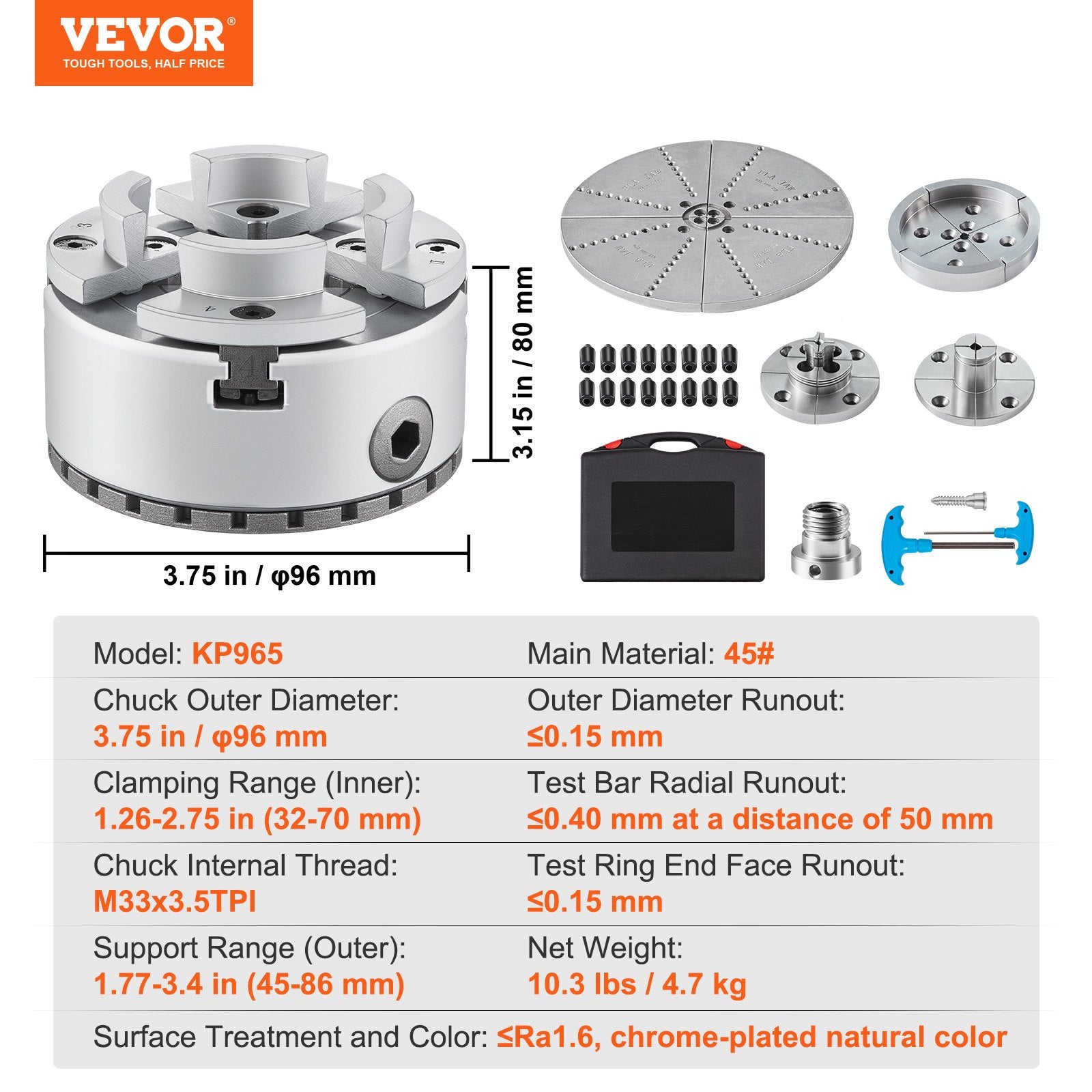 VEVOR KP965 Lathe Chuck, 4-Jaw 96 mm Diameter, Metal Lathe Chuck Turning Machine Accessories with 5 Sets of Jaws, Self-centering Tool, for Precision Machining, Grinding Machines, Milling Machines