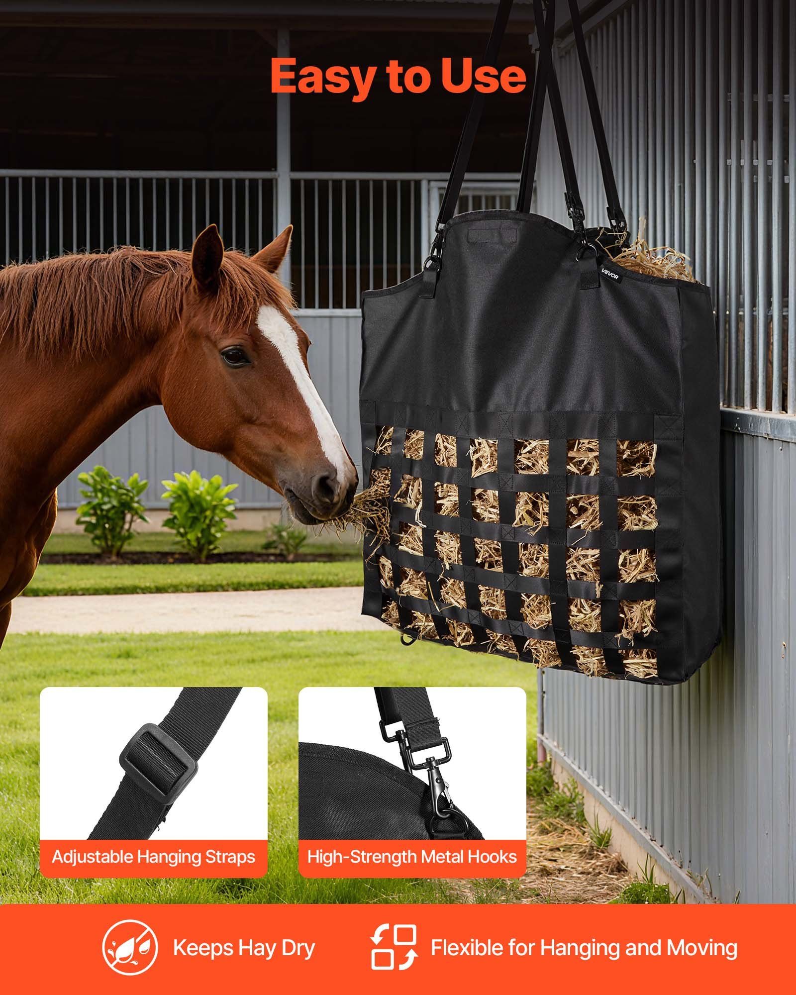 Hay Bag for Horses, 55 x 18.5 x 64 cm, 46 x 46 mm Holes, Premium Nylon Construction with PVC Waterproof Coating, Adjustable Hanging Straps and Metal Hooks, Slow Feed Hay Bag for Horses