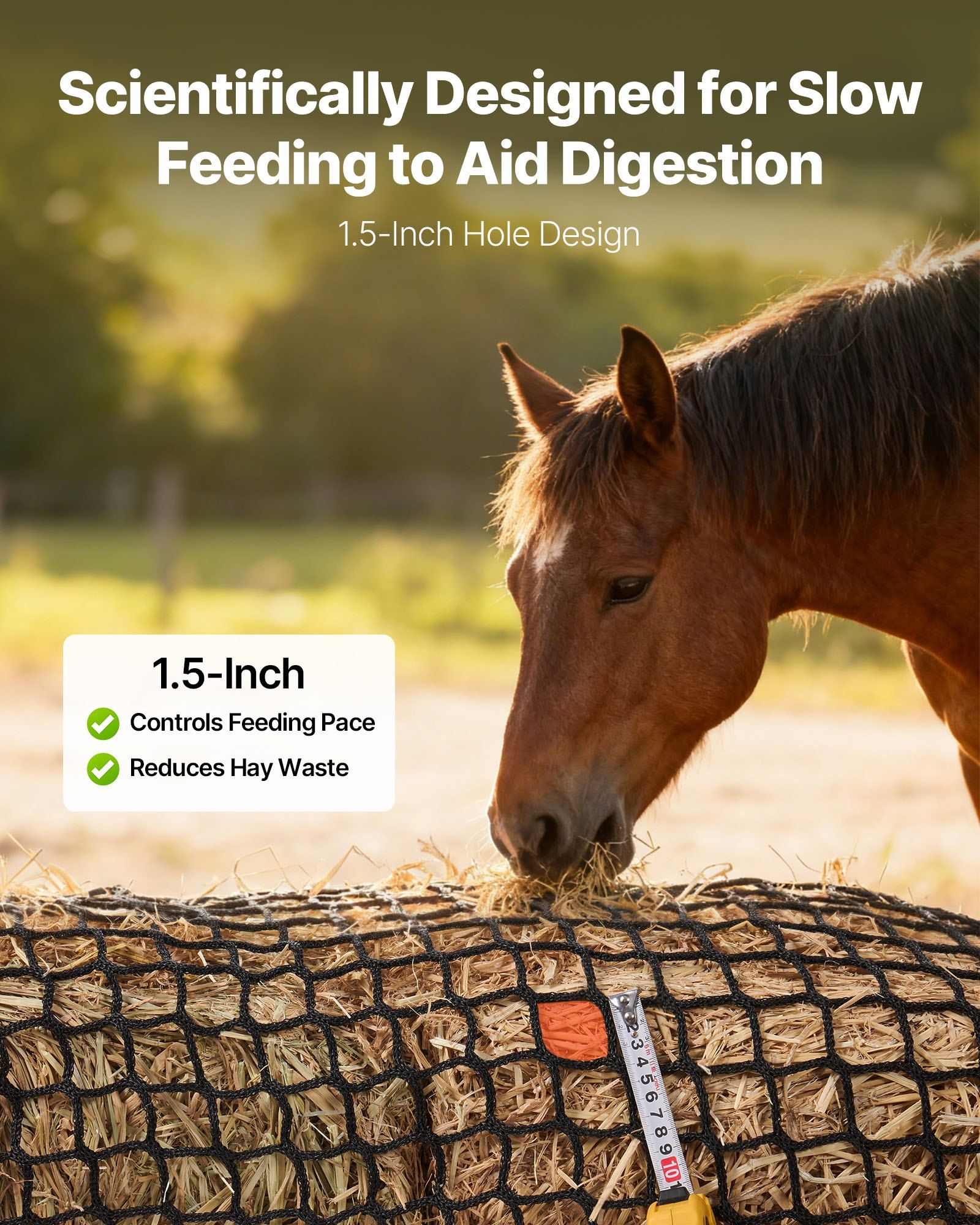 Round Bale Hay Net, 1.8 x 1.8 x 1.8 m, 38.1 x 38.1 mm Holes, PE Material, Knotless Design, with Zip Ties, Needle Shuttle, Repair Twine and Storage Bag, Slow Feeder Round Bale Net for Horses