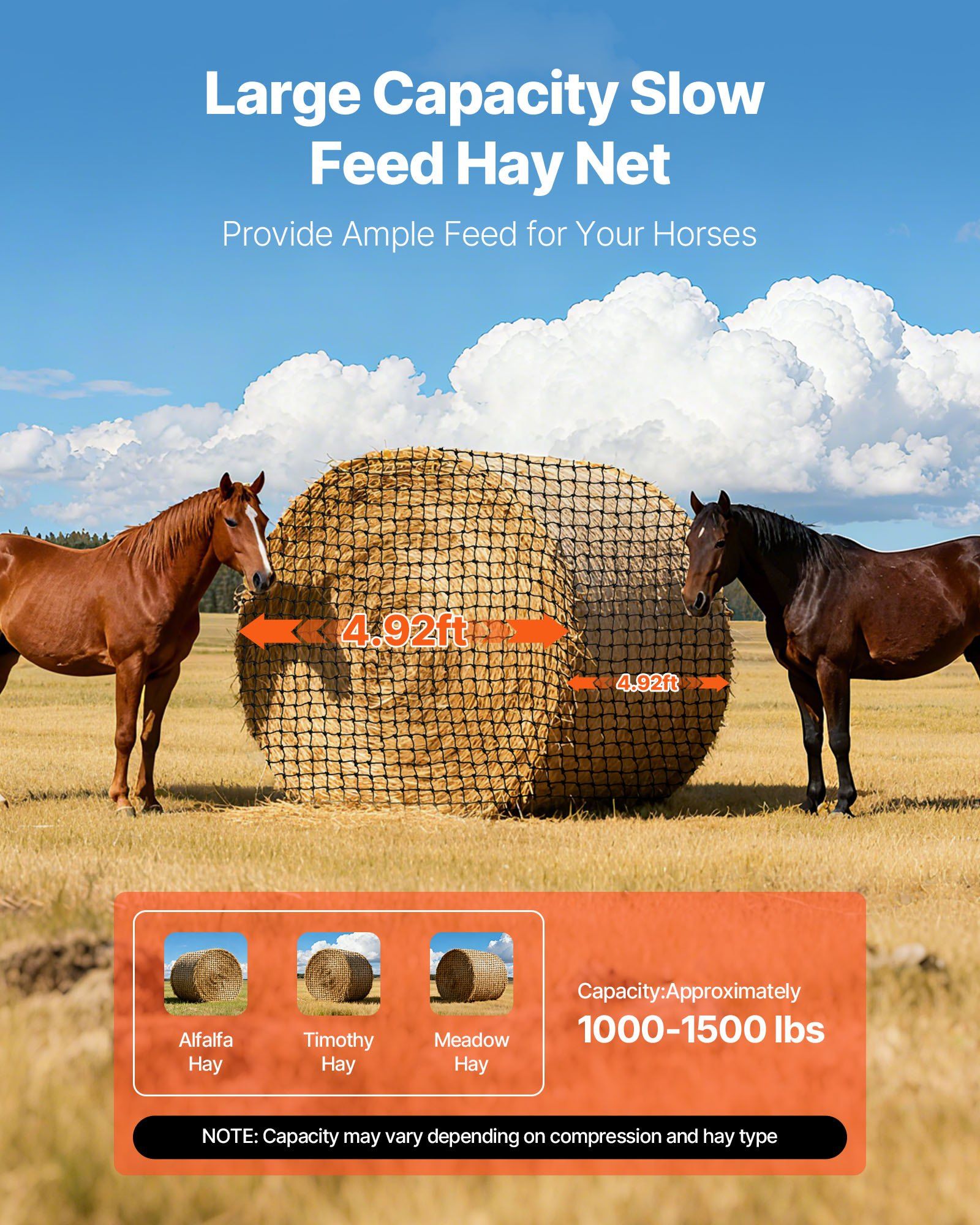 Round Bale Hay Net, 1.5 x 1.5 x 1.5 m, 44.45 x 44.45 mm Holes, PE Material, Reinforced Knotted Design, with Zip Ties, Needle Shuttle, and Repair Twine, Slow Feeder Round Bale Net for Horses