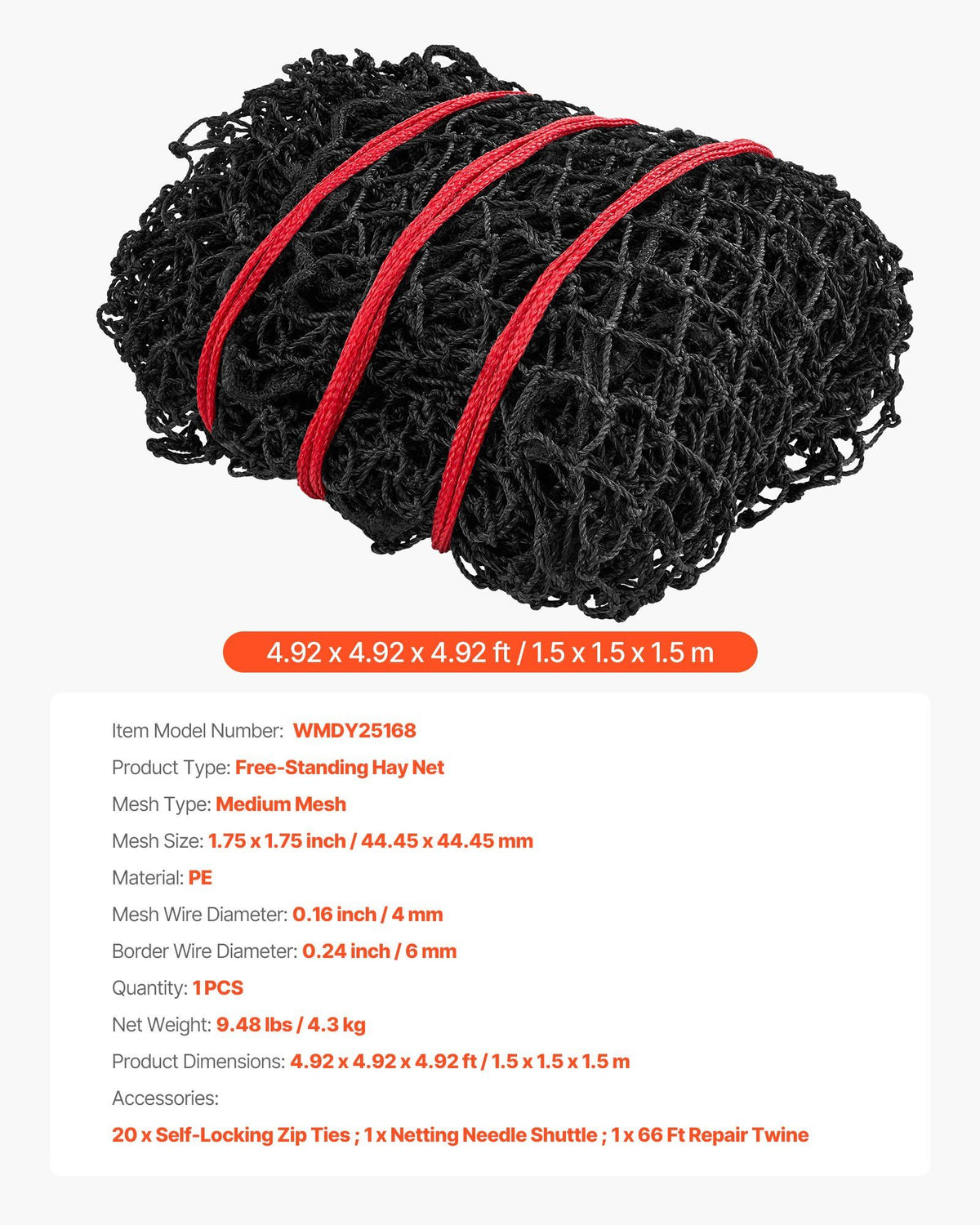 Round Bale Hay Net, 1.5 x 1.5 x 1.5 m, 44.45 x 44.45 mm Holes, PE Material, Reinforced Knotted Design, with Zip Ties, Needle Shuttle, and Repair Twine, Slow Feeder Round Bale Net for Horses