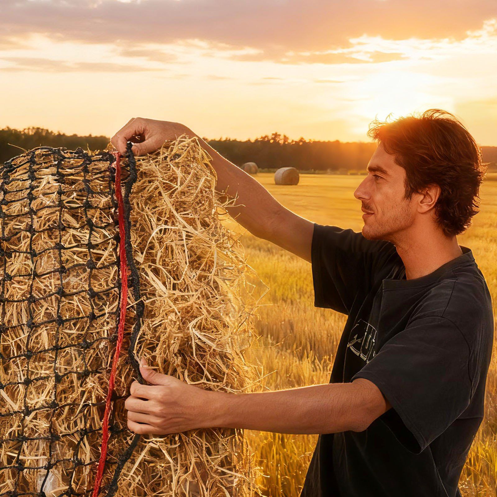Round Bale Hay Net, 1.5 x 1.5 x 1.5 m, 44.45 x 44.45 mm Holes, PE Material, Reinforced Knotted Design, with Zip Ties, Needle Shuttle, and Repair Twine, Slow Feeder Round Bale Net for Horses