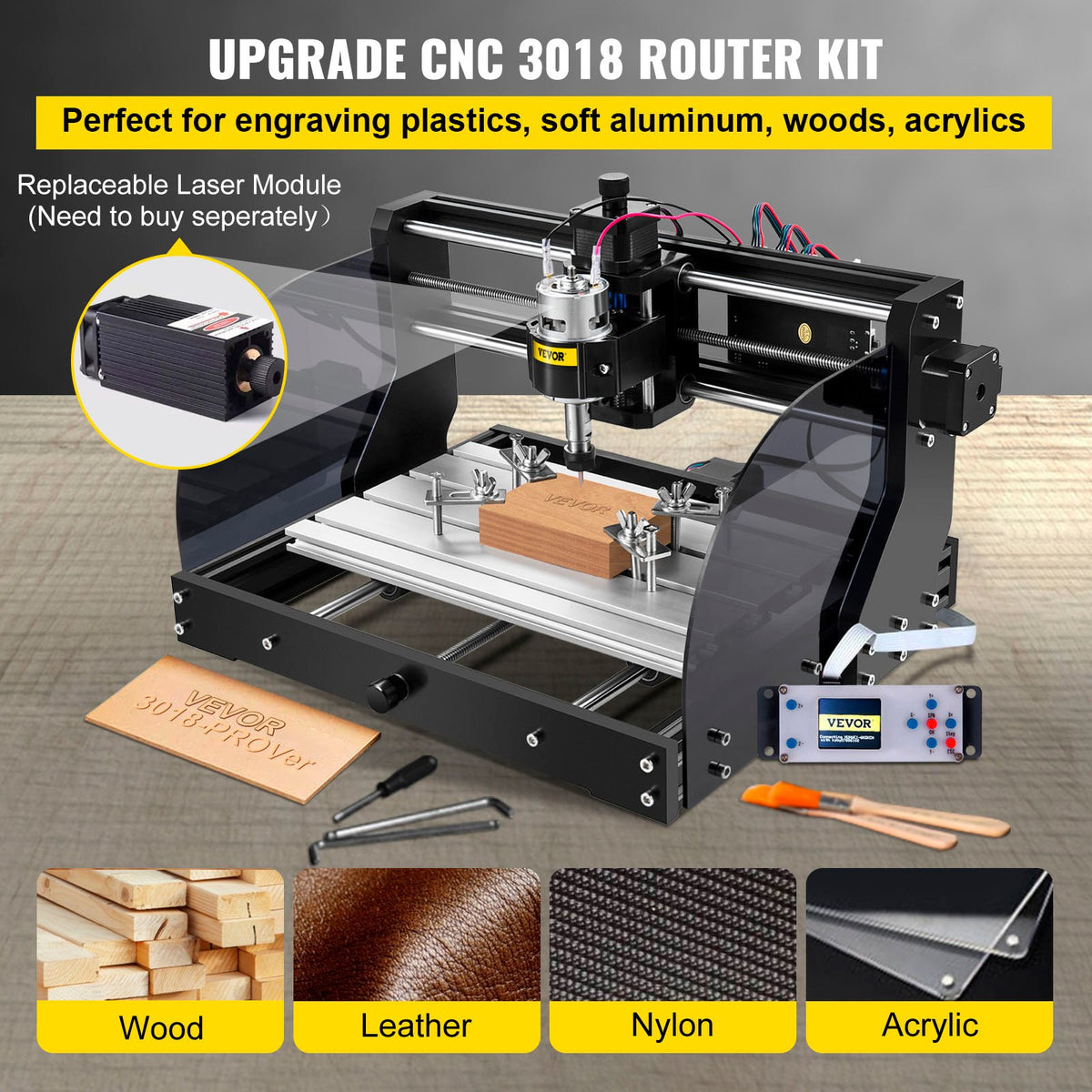 VEVOR Cnc 3018 Pro 10000RPM Cnc 3018 300×180×45mm Cnc Machine GRBL Control Mini Laser Engraver with Offline Controller 3 Axis laser engraving machine for Carving Milling Plastic Acrylic PVC