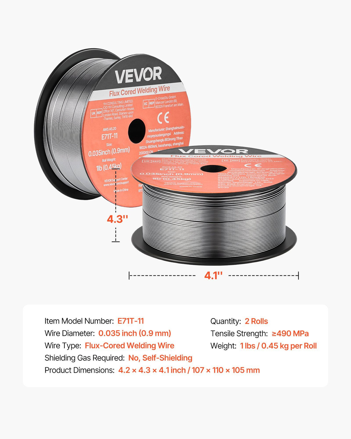 Flux Core MIG Welding Wire, E71T-11 0.9mm 0.45kg, Gasless Mild Steel Welding Wire with Low Spatter for All Position Arc Welding, Self-Shielded for Outdoor Use (Pack of 2 Rolls)