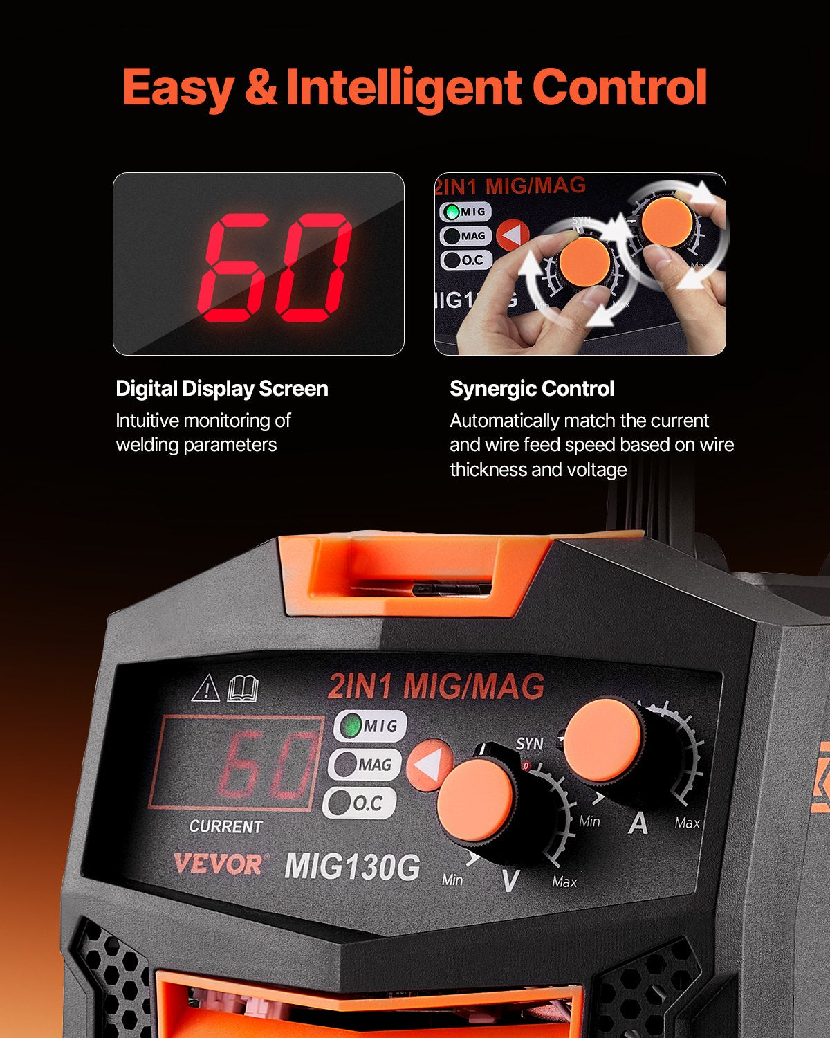 VEVOR MIG Welder, 130A Synergic Mig Welding Machine, 2-in-1 Gas MIG/Gasless Flux Core MIG Multi-Process Welder Machine, Portable Mig Welder with IGBT Inverter Technology & Digital Display Screen