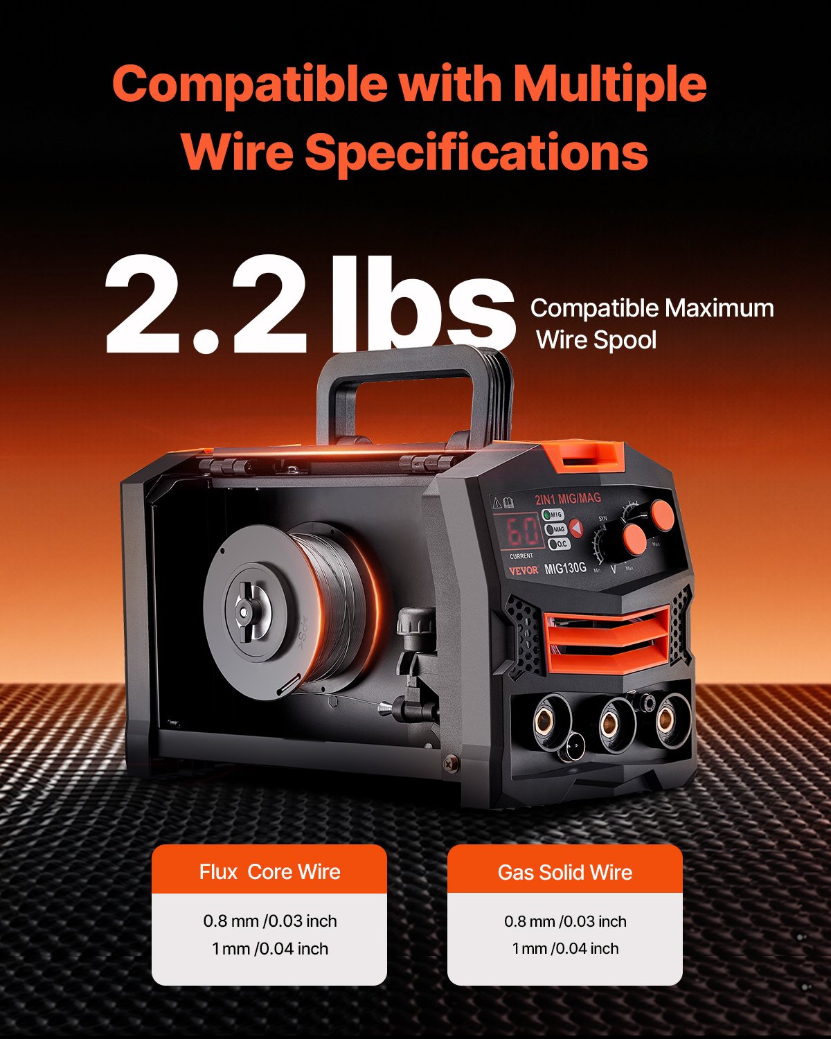 VEVOR MIG Welder, 130A Synergic Mig Welding Machine, 2-in-1 Gas MIG/Gasless Flux Core MIG Multi-Process Welder Machine, Portable Mig Welder with IGBT Inverter Technology & Digital Display Screen