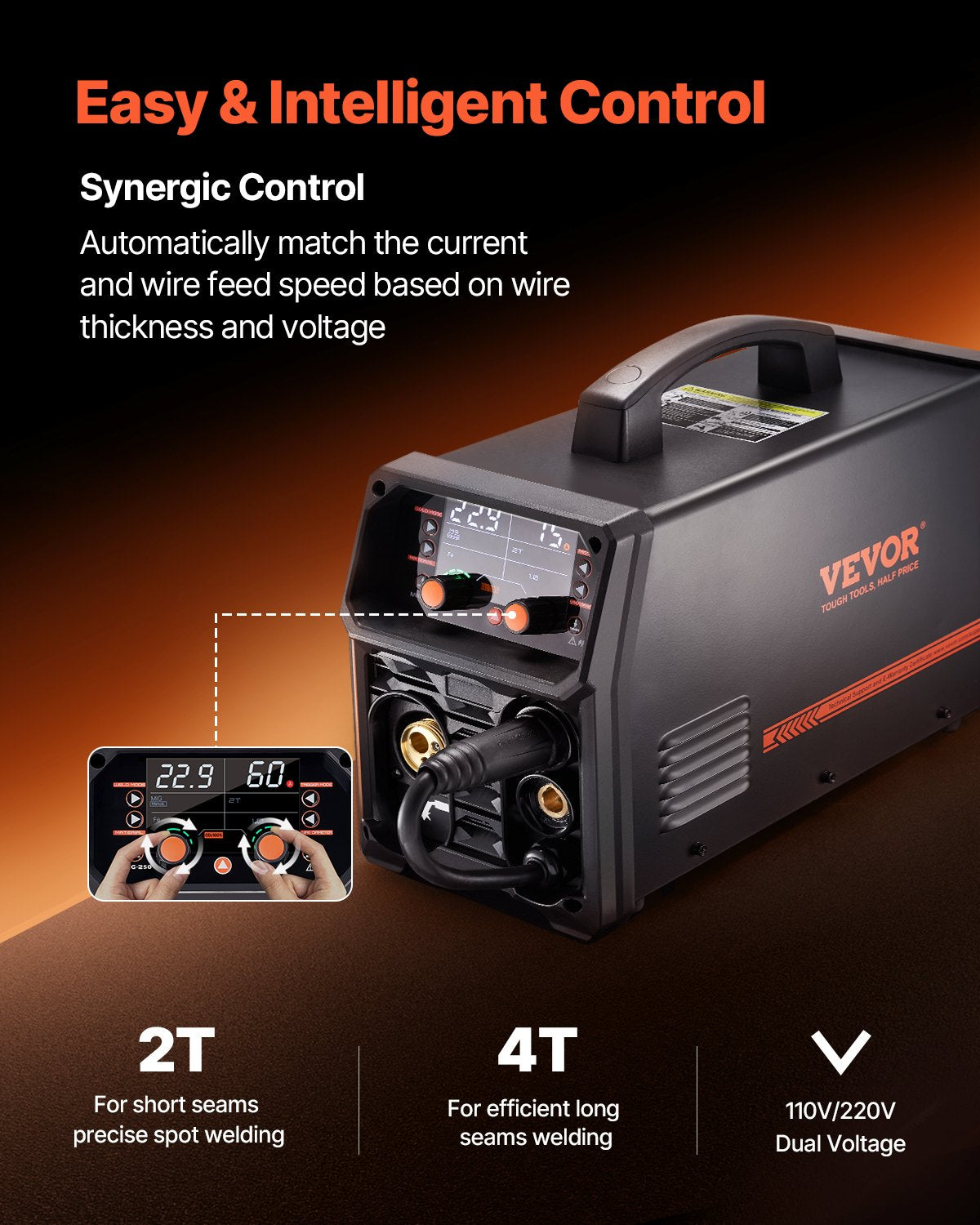 VEVOR Pro MIG Welder, 250Amp Pluse Mig Welding Machine, 5-in-1 Synergic Welder Machine MIG Pluse/Gas MIG/Flux Core MIG/Stick/Lift TIG with IGBT Inverter Technology and LCD Screen Display