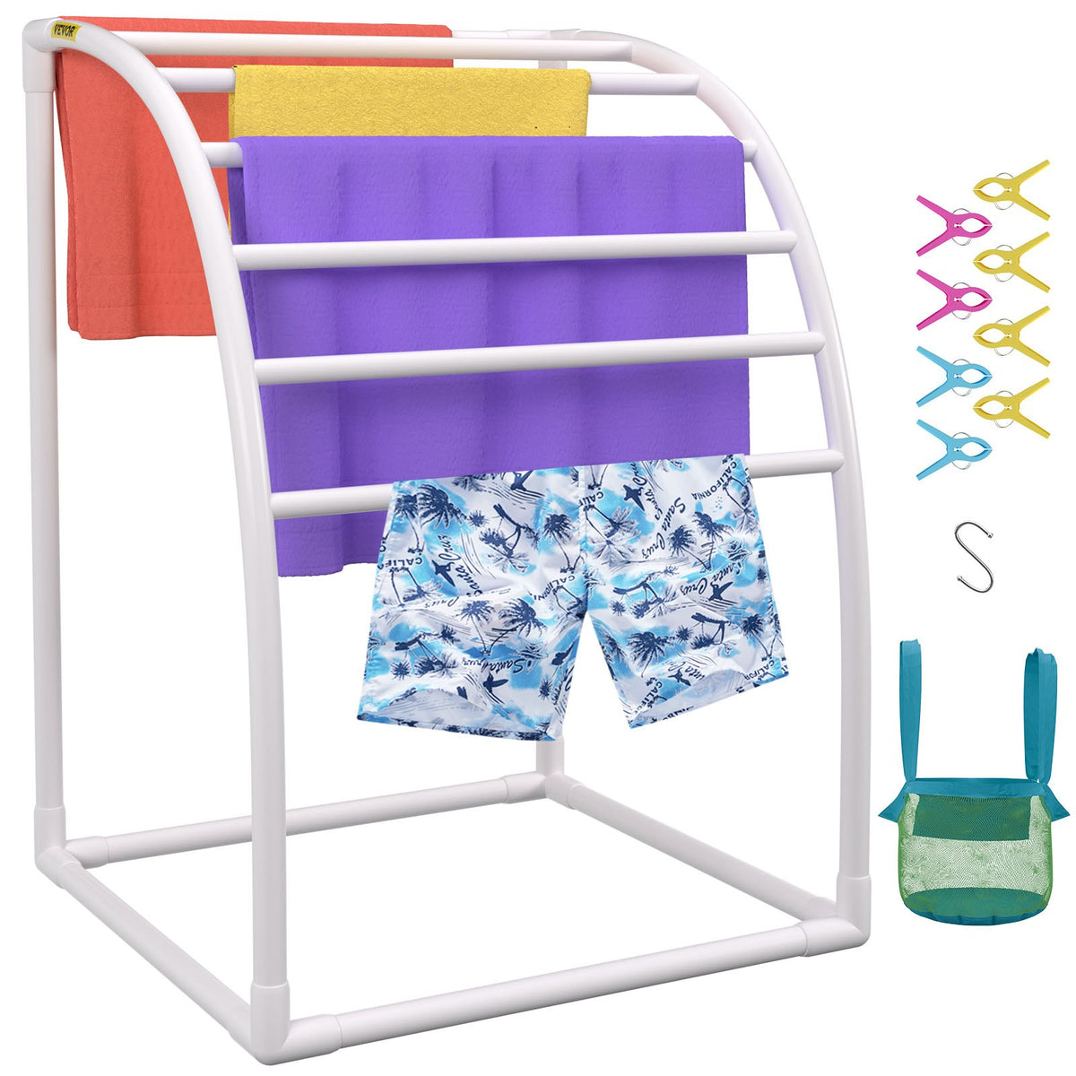 VEVOR Outdoor Towel Rack Pool Towel Rack 7 Bar Curved White Freestanding Patio