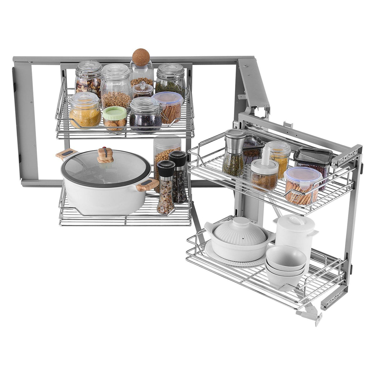 18"W Opening Blind Corner Pull Out Organizer, 2 Tier 4 Shelf Kitchen Cabinet Organizer, Magic Chrome Carbon Steel Storage Basket, Slide Out Storage Organizer, Left &amp; Right Open Compatible