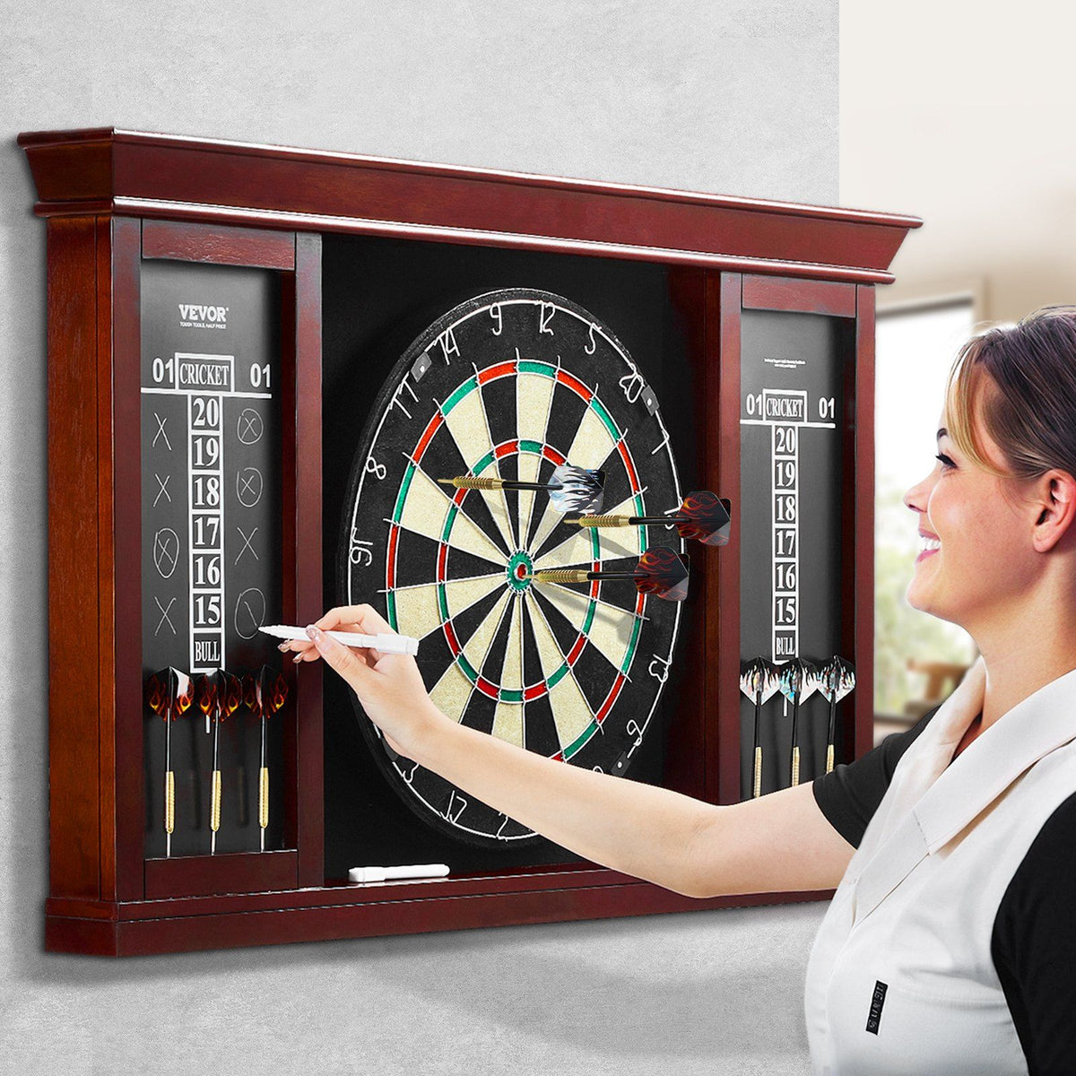 Dartboard and Cabinet Set, Ready-to-Play Bundle Official Size Dartboard Cabinet Set, Steel Tip Dart Cabinet, Features Easy Assembly, Complete with All Accessories, Perfect for Cricket Games
