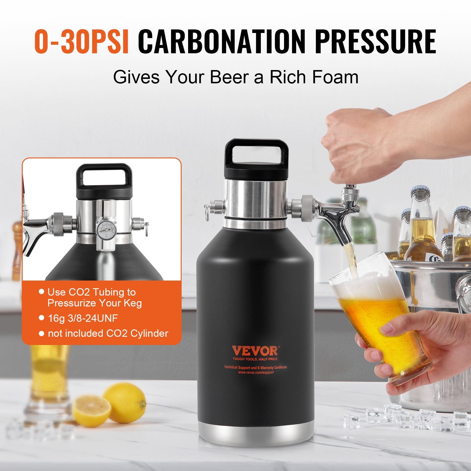 VEVOR Beer Growler Tap System, 4L Mini Keg, 304 Stainless Steel Pressurized Beer Growler, Keg Growler with Pressure Display, CO2 Regulator Faucet, Leak-Proof Ring For Draft, Homebrew, Craft Beer