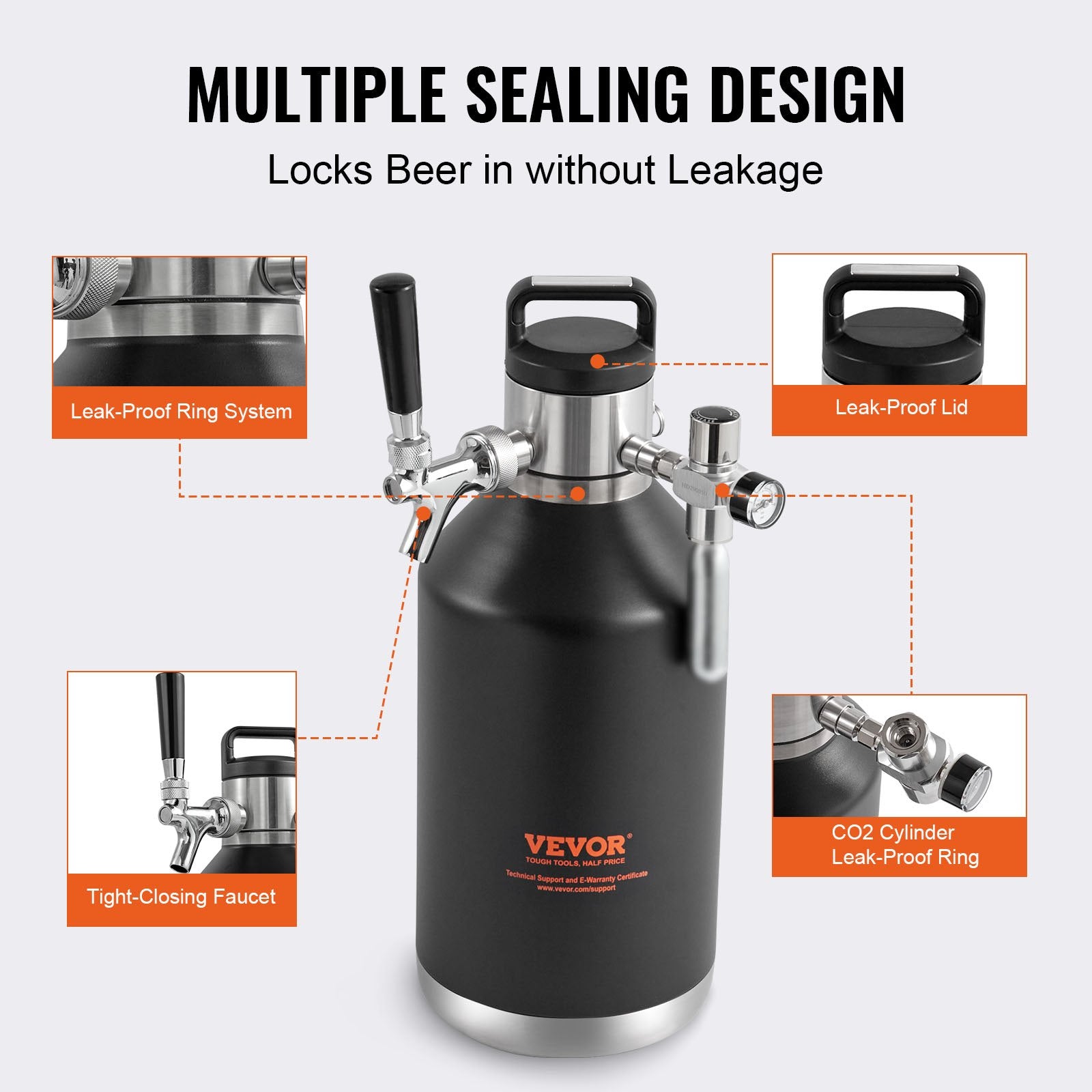 VEVOR Beer Growler Tap System, 4L Mini Keg, 304 Stainless Steel Pressurized Beer Growler, Keg Growler with Pressure Display, CO2 Regulator Faucet, Leak-Proof Ring For Draft, Homebrew, Craft Beer
