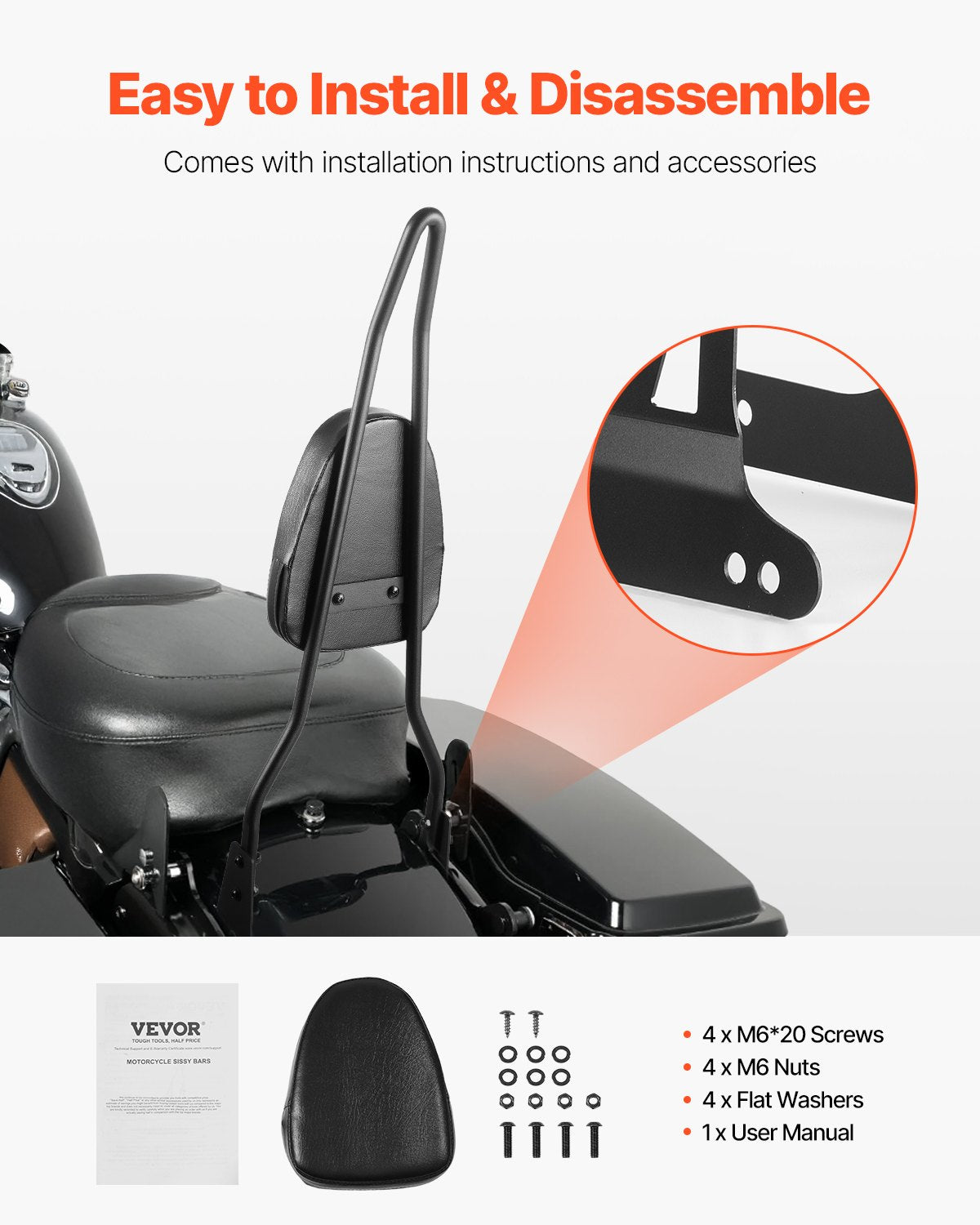 VEVOR Motorcycle Backrest Sissy Bar, Compatible With Harley-Davidson Dyna Street Glide Road Glide Road King, 730mm Height Detachable Passenger Backrest, For Motorcycles, Black