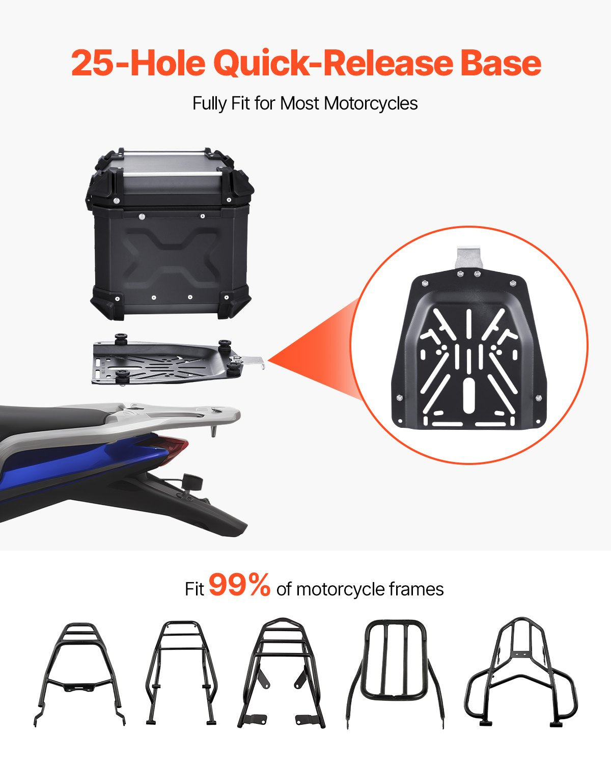 VEVOR Motorcycle Top Case, Universal Aluminum Alloy Motorbike Tail Box with Leather Lining, 45L Waterproof Detachable Motorcycle Top Box with Lock & Back Cushion, Fit for 99% of Motorcycle Frames