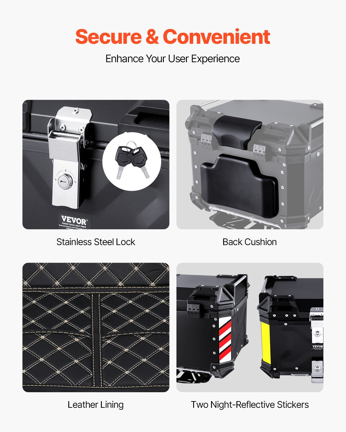 VEVOR Motorcycle Top Case, Universal Aluminum Alloy Motorbike Tail Box with Leather Lining, 45L Waterproof Detachable Motorcycle Top Box with Lock & Back Cushion, Fit for 99% of Motorcycle Frames