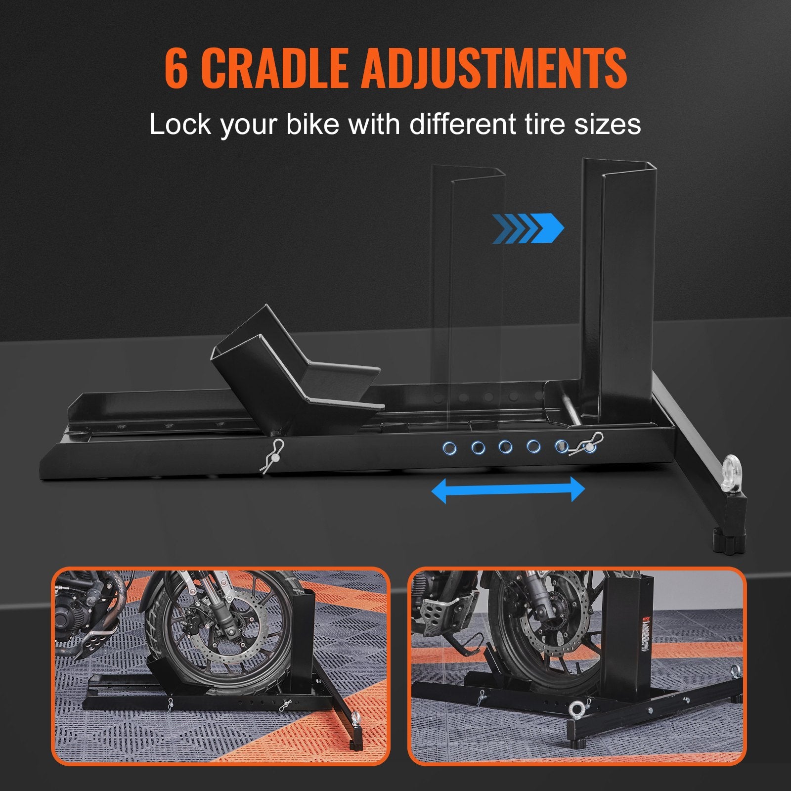 VEVOR Motorcycle Wheel Chock Upright, 816.5 kg Capacity, Heavy-duty Steel Motorcycle Front Wheel Stand with 6 Adjustable Holes, For 381-558.8 mm Off-Road Motorcycles, Standard Motorcycles