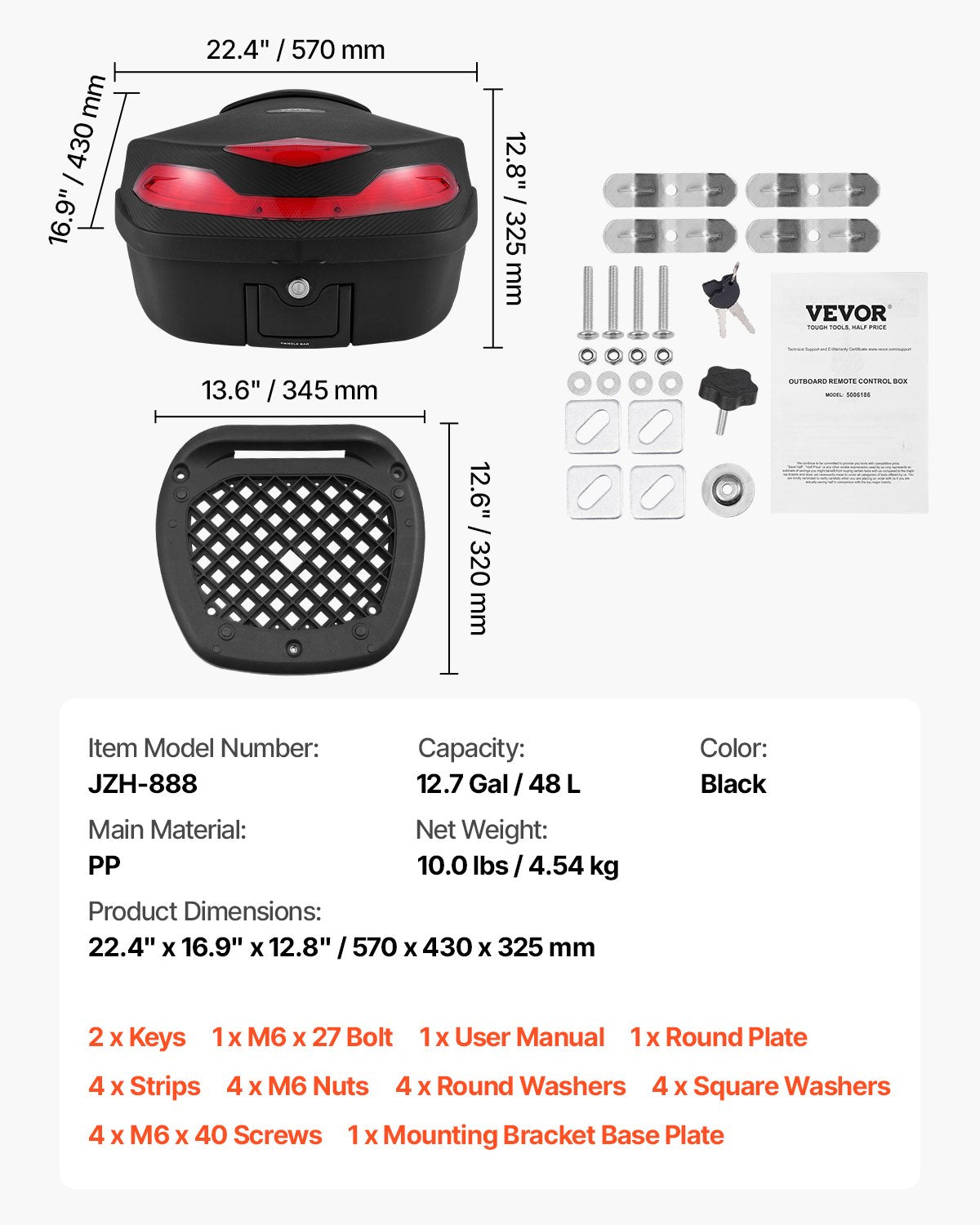 VEVOR 48L Motorcycle Top Case Universal Motorbike Tail with Reflective Panel