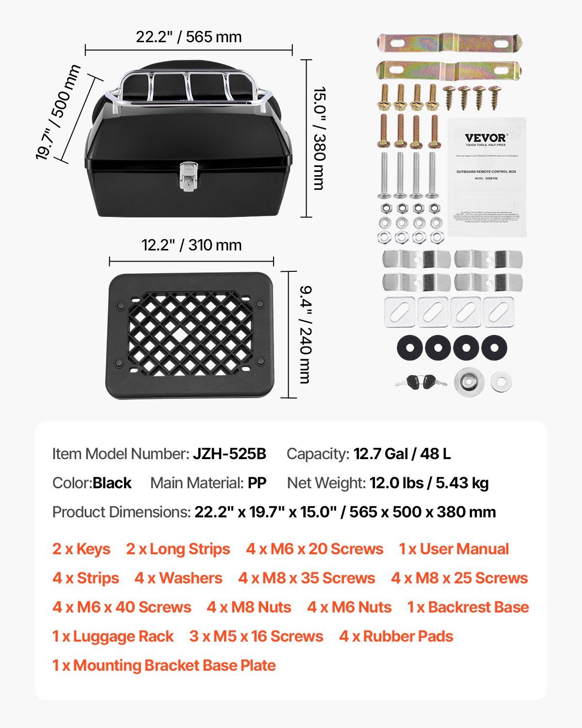 Motorcycle Top Case, Universal Durable PP Material Motorbike Tail Box with Reflective Panel, 48L Waterproof Detachable Motorcycle Top Box with Multi-Hole Base, Fit for 99% of Motorcycle Frames