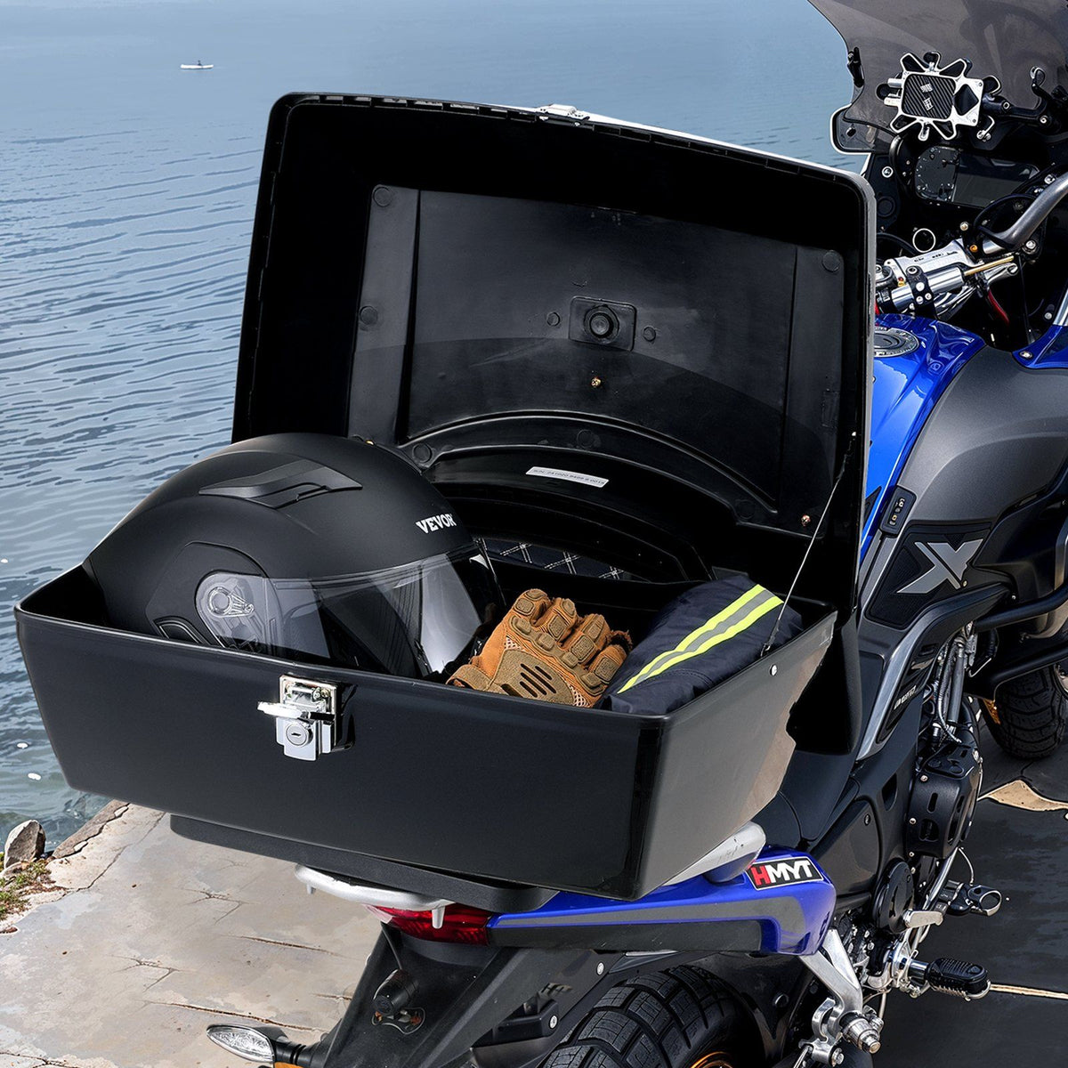 Motorcycle Top Case, Universal Durable PP Material Motorbike Tail Box with Reflective Panel, 48L Waterproof Detachable Motorcycle Top Box with Multi-Hole Base, Fit for 99% of Motorcycle Frames