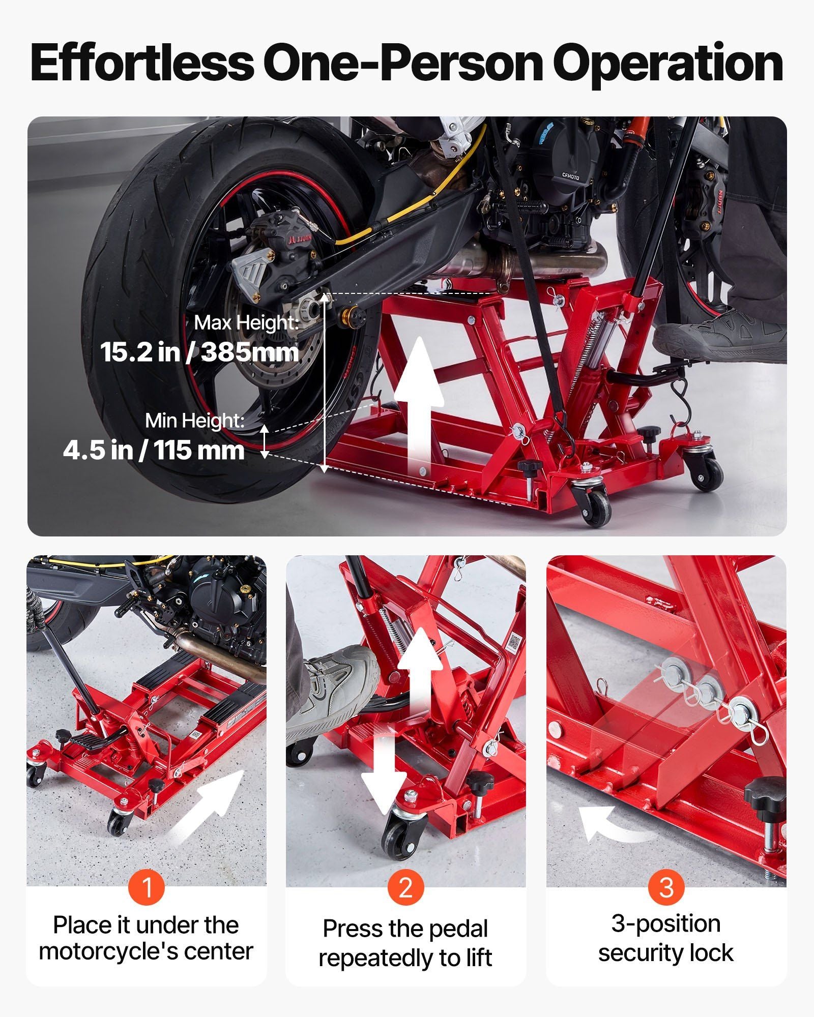 Hydraulic Motorcycle Lift Jack, 680 kg Capacity, ATV Lift Jack Portable Motorcycle Hoist Stand with 4 Wheels, 115-385 mm Height Range, Hydraulic Foot-Operated Hoist Stand for ATVs, Dirt Bikes