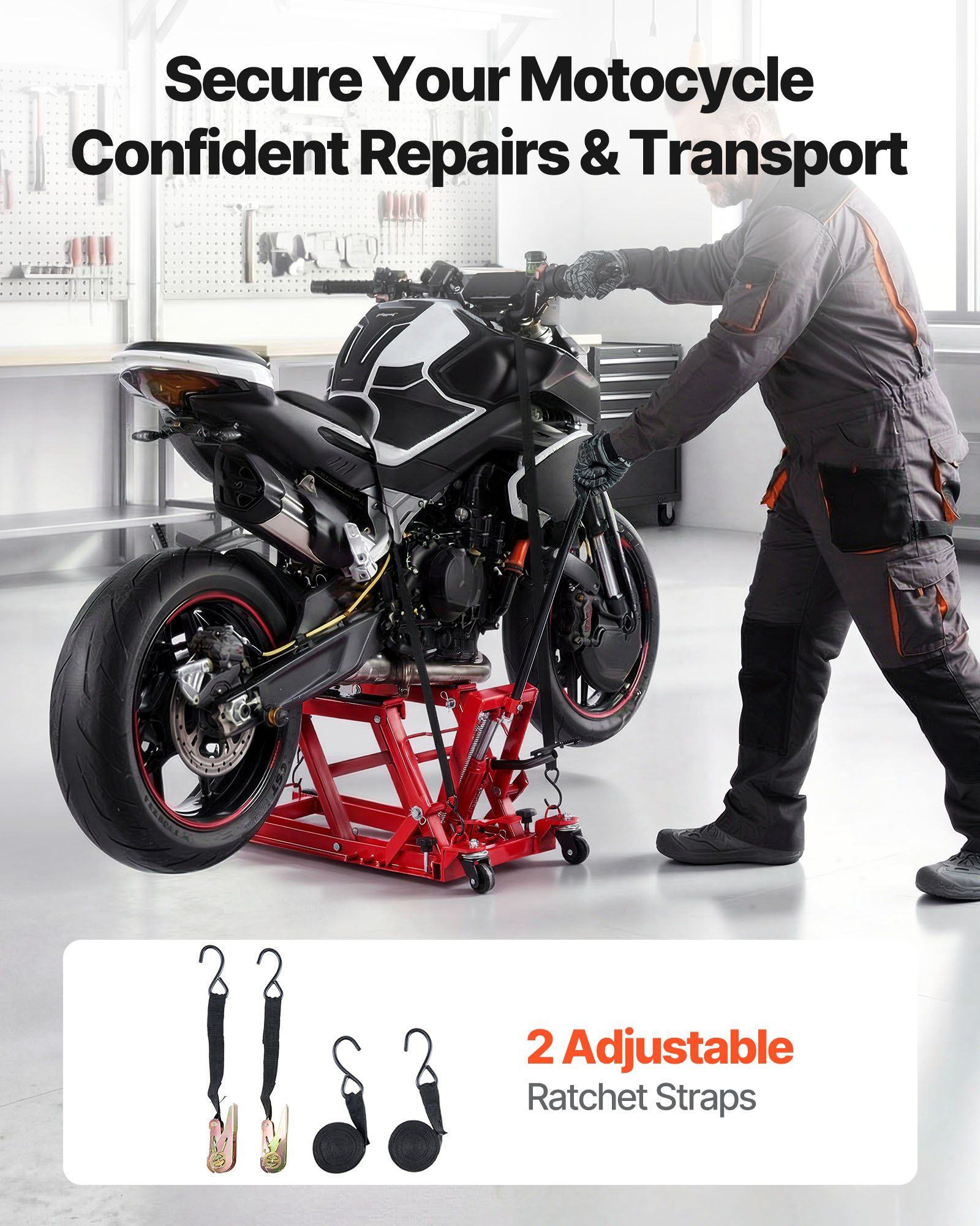 Hydraulic Motorcycle Lift Jack, 680 kg Capacity, ATV Lift Jack Portable Motorcycle Hoist Stand with 4 Wheels, 115-385 mm Height Range, Hydraulic Foot-Operated Hoist Stand for ATVs, Dirt Bikes