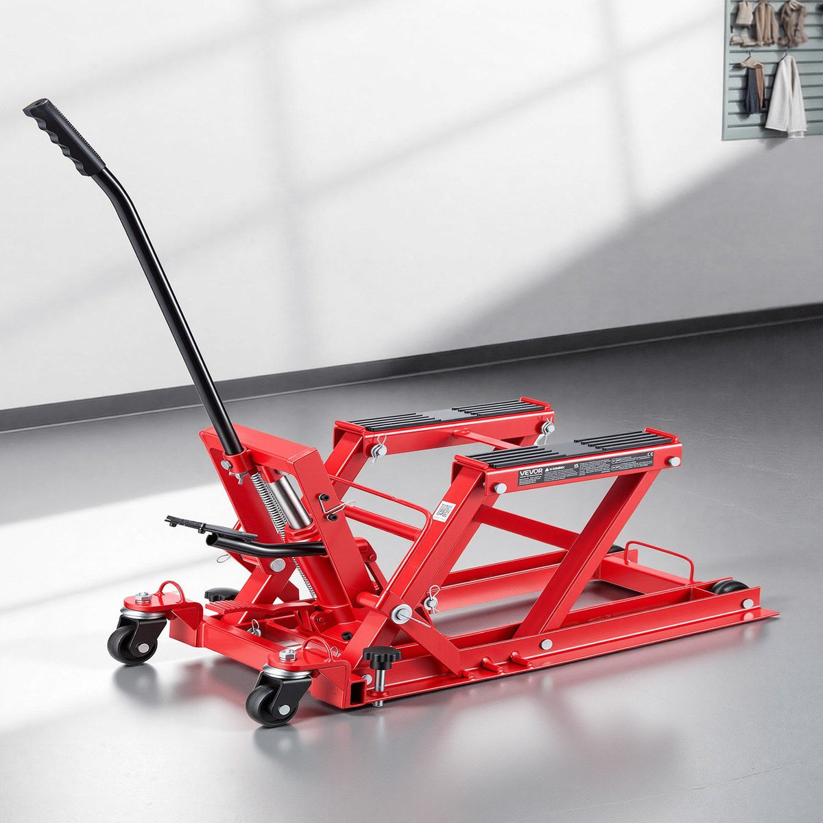 Hydraulic Motorcycle Lift Jack, 680 kg Capacity, ATV Lift Jack Portable Motorcycle Hoist Stand with 4 Wheels, 115-385 mm Height Range, Hydraulic Foot-Operated Hoist Stand for ATVs, Dirt Bikes