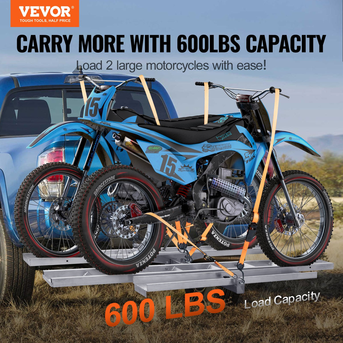 VEVOR Motorcycle Carrier, 2-Bike 272.15KGS Aluminum Motorcycle Carrier Hitch Mount, Loading Ramp, Scooter Dirt Bike Trailer Hauler, Ratchet Straps and Stabilizer, for Car, Truck with 2" Hitch Receiver