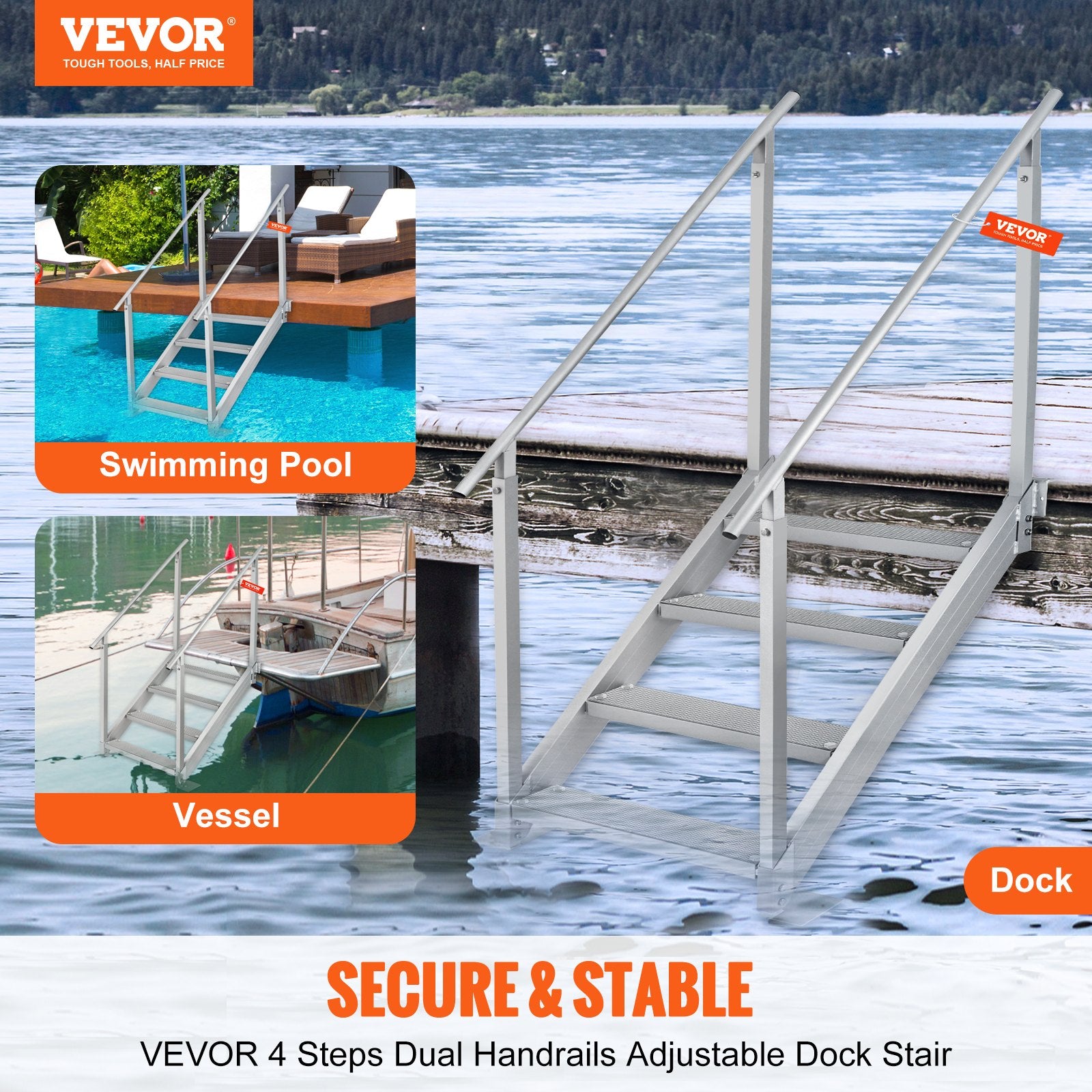 VEVOR Dock Ladder 4 Step, Dock Stairs 30''-38'' Adjustable Height, 227 kgs Load Capacity, Aluminum Pontoon Boat Ladder with Dual Handrails & Nonslip Mat for Ship/Lake/Pool/Marine Boarding
