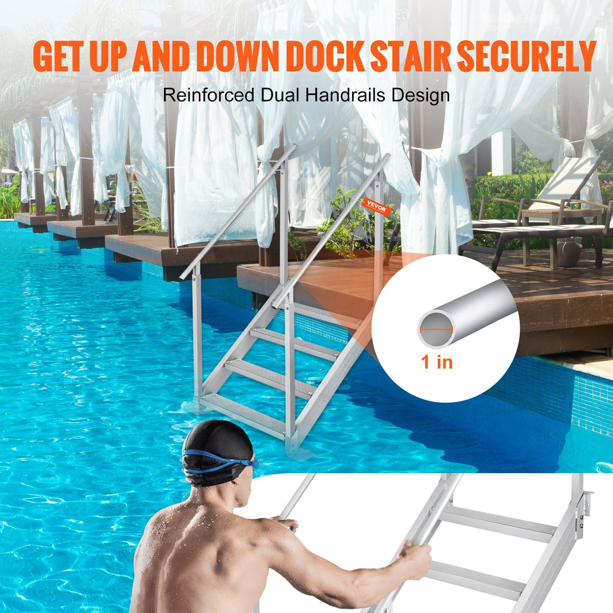 VEVOR Dock Ladder 4 Step, Dock Stairs 30''-38'' Adjustable Height, 227 kgs Load Capacity, Aluminum Pontoon Boat Ladder with Dual Handrails & Nonslip Mat for Ship/Lake/Pool/Marine Boarding